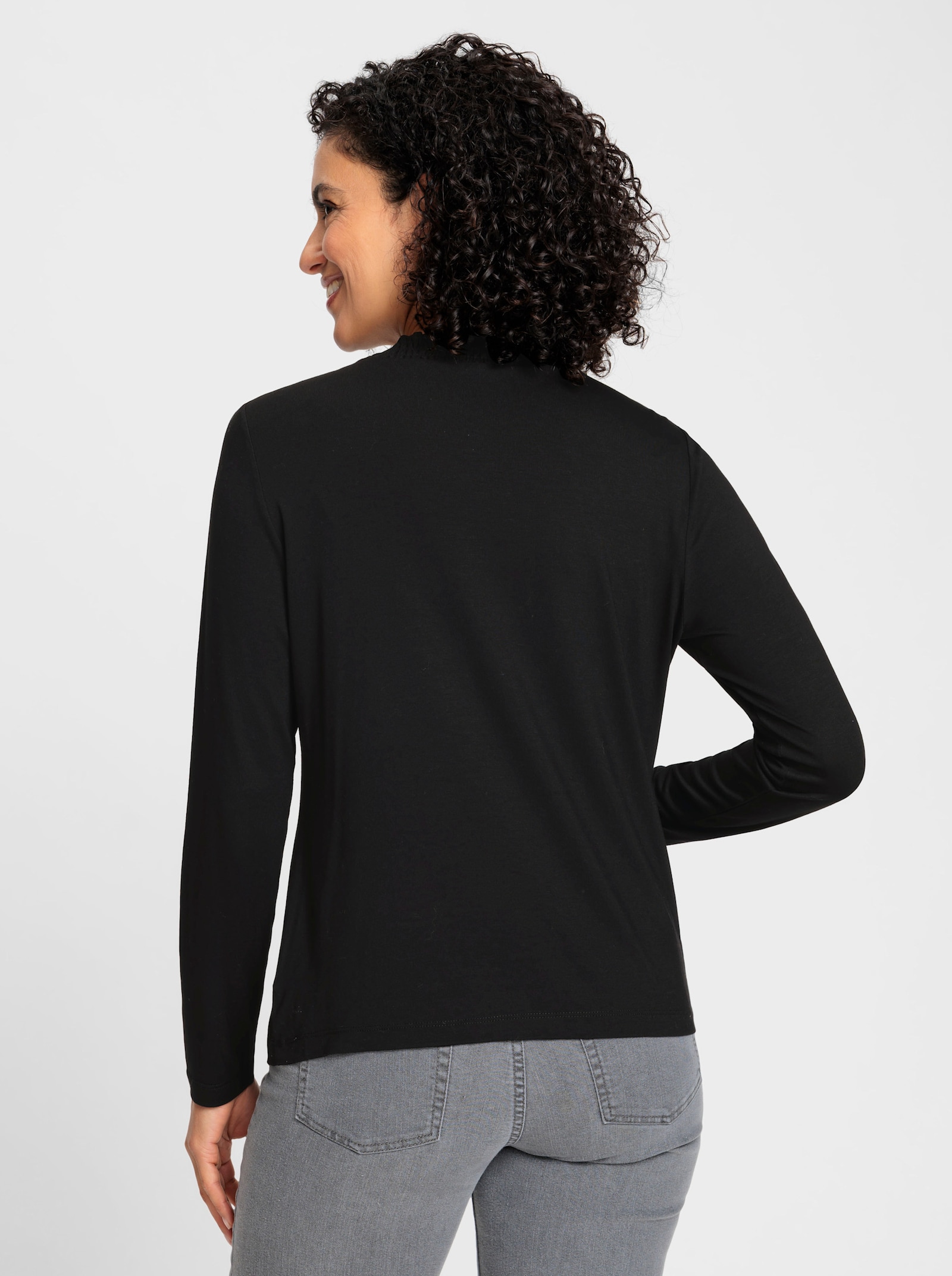 Stehkragenshirt mit gesmokten Kragen - schwarz