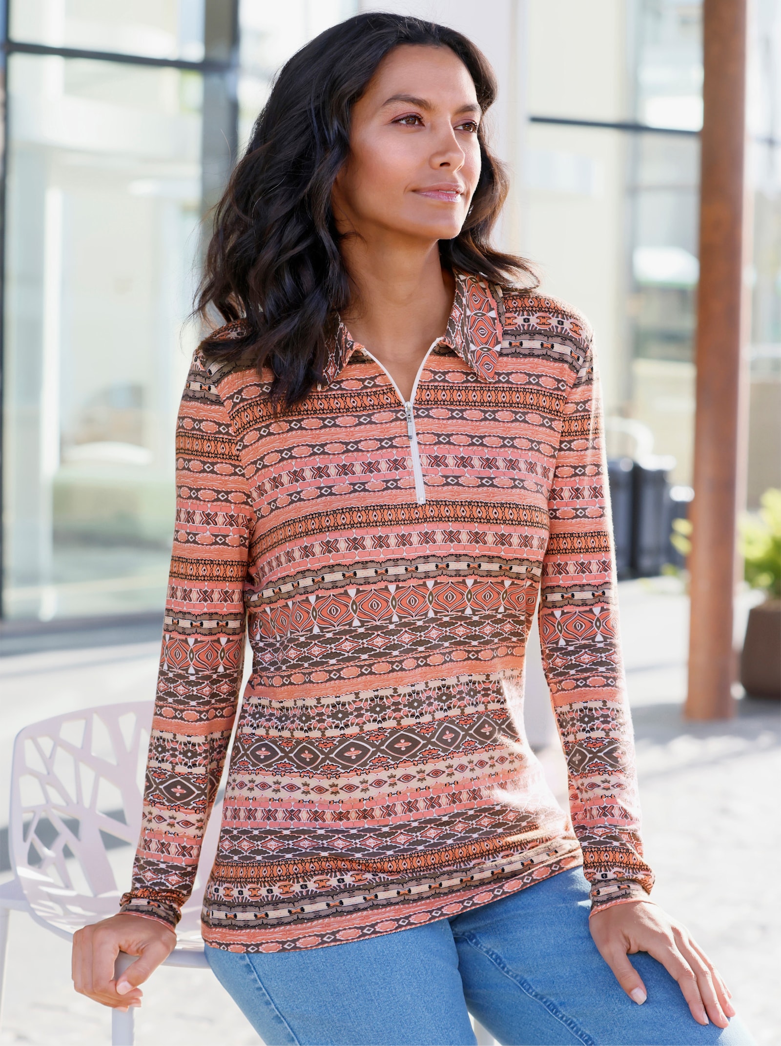 Poloshirt mit kurzem Reißverschluss - papaya-bedruckt