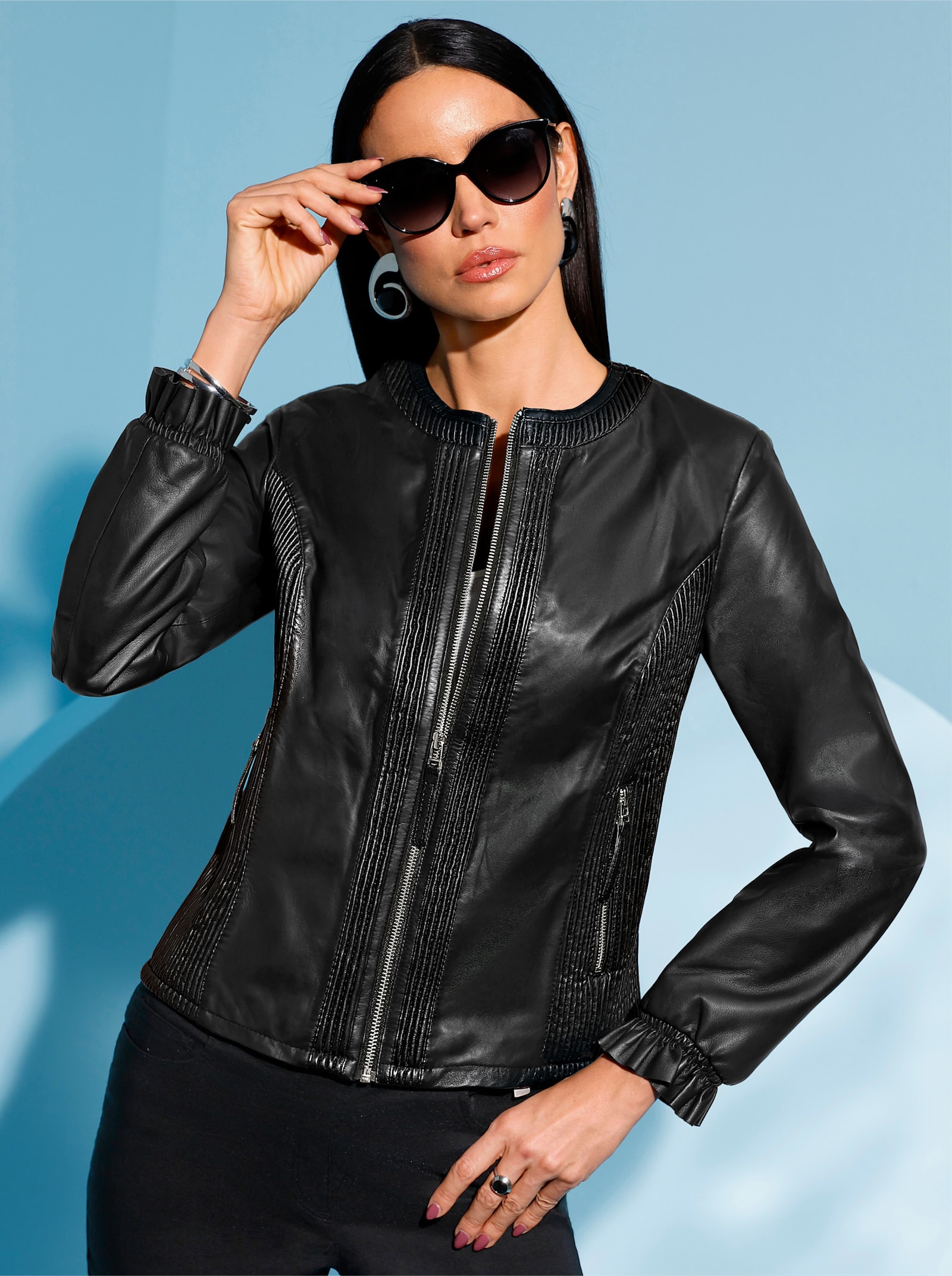 Mainpol Leren blazer met smokinzetten - zwart