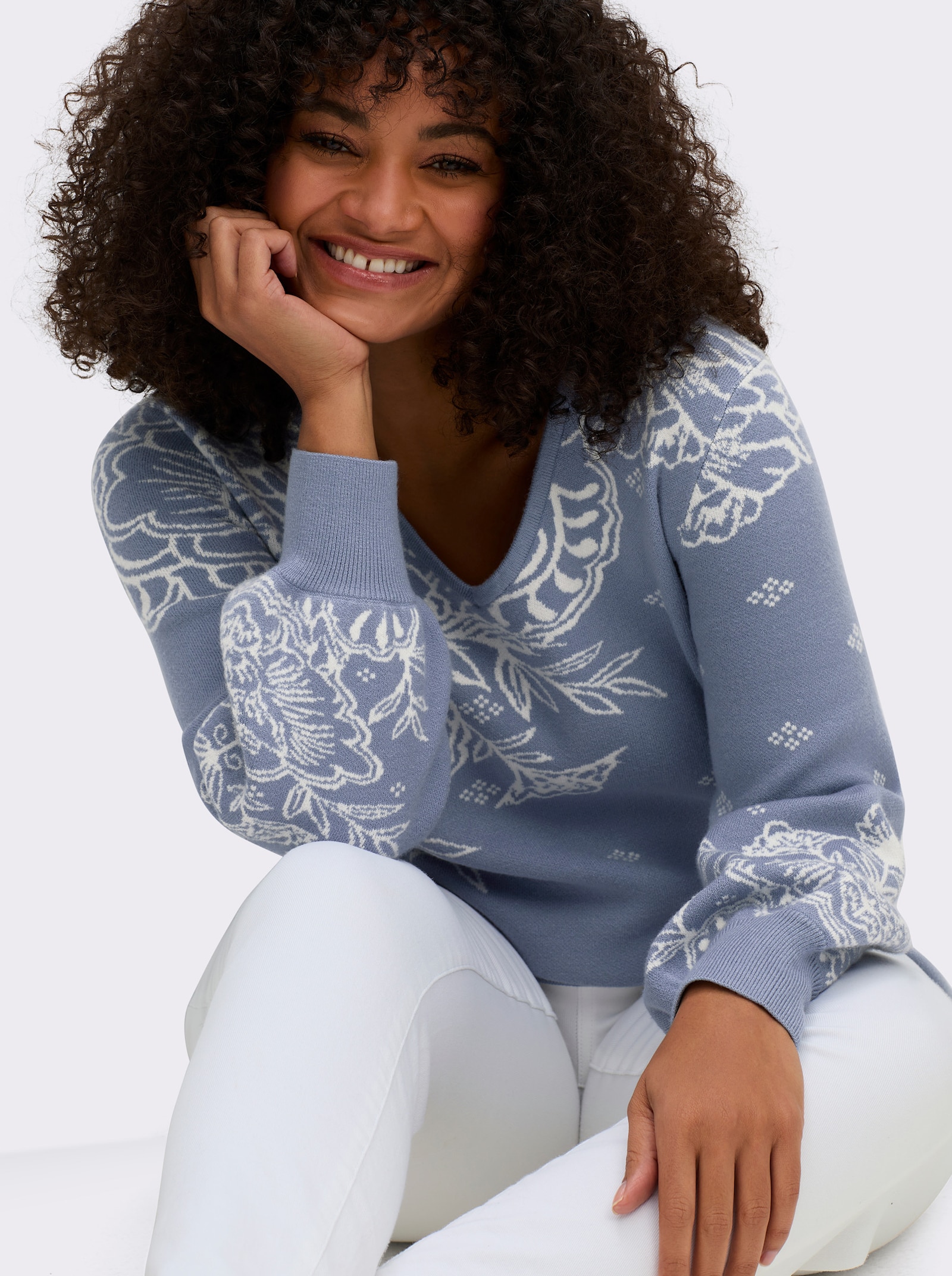 sheego by Joe Browns Jacquardpullover mit Blüten - taubenblau-champagner-gemustert