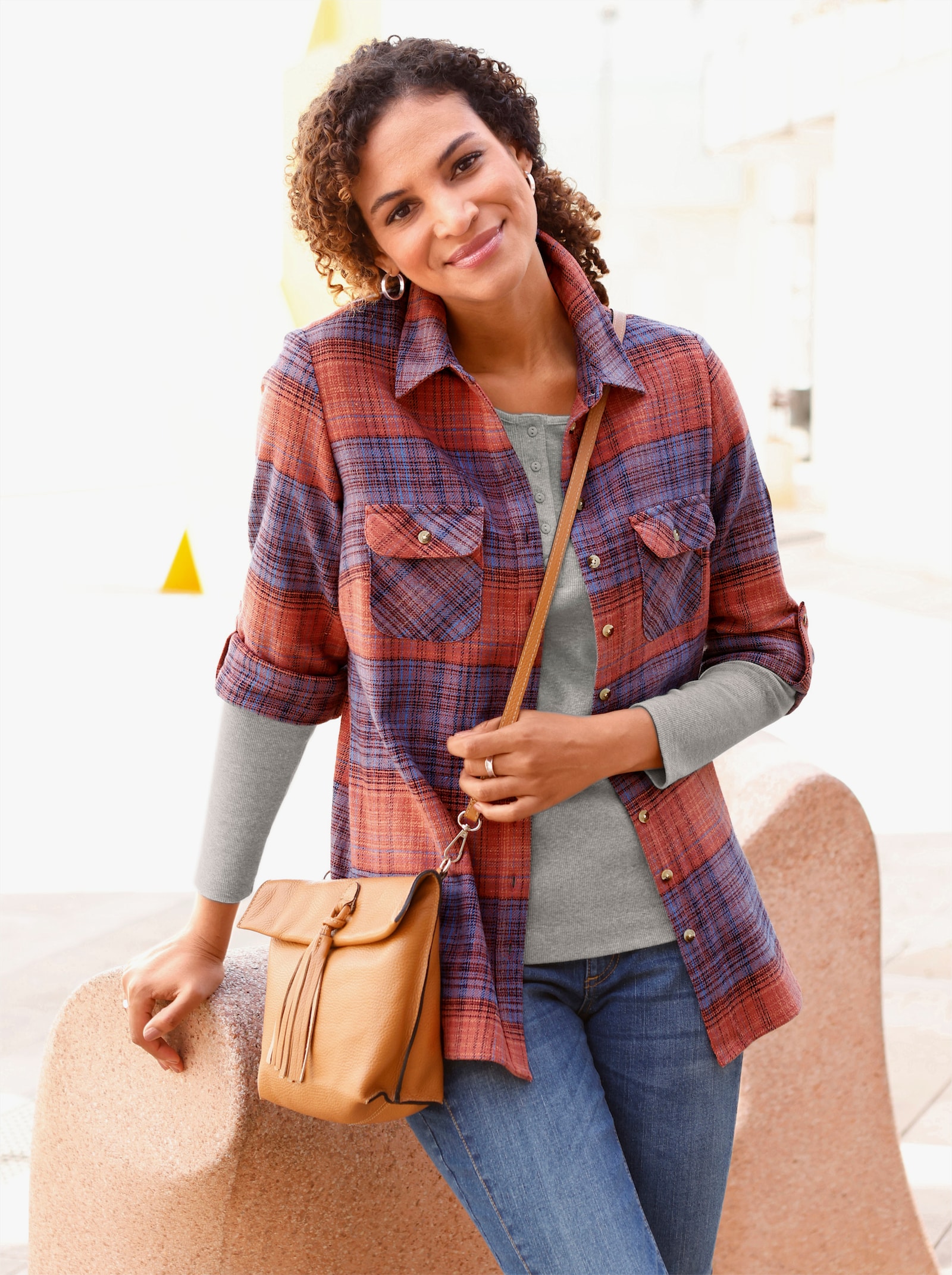 Flanellen blouse met ruitpatroon - middenblauw/terra geruit