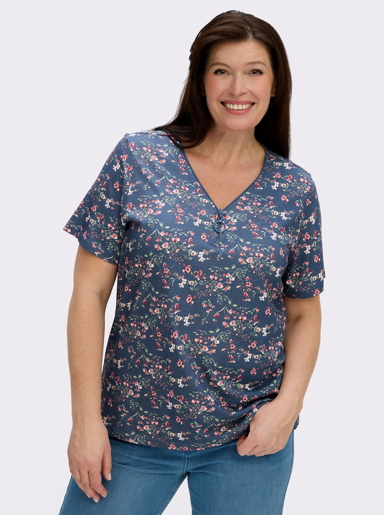 Kurzarmshirt mit Reißverschluss am Ausschnitt - jeansblau-hellrosé-gemustert