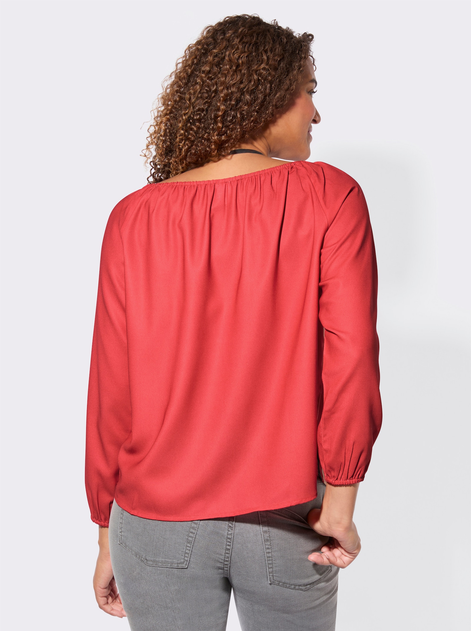 Druckbluse mit weitem, elastischem Ausschnitt - rot-rosé-bedruckt