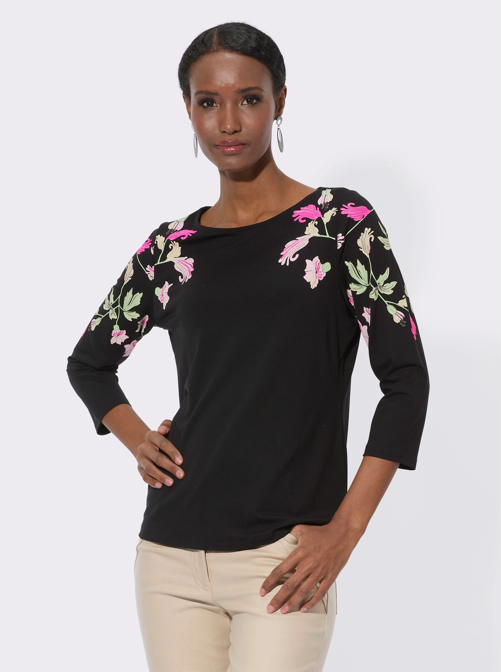 3/4-Arm-Shirt aus hochwertiger Viskose - schwarz-mauve-bedruckt