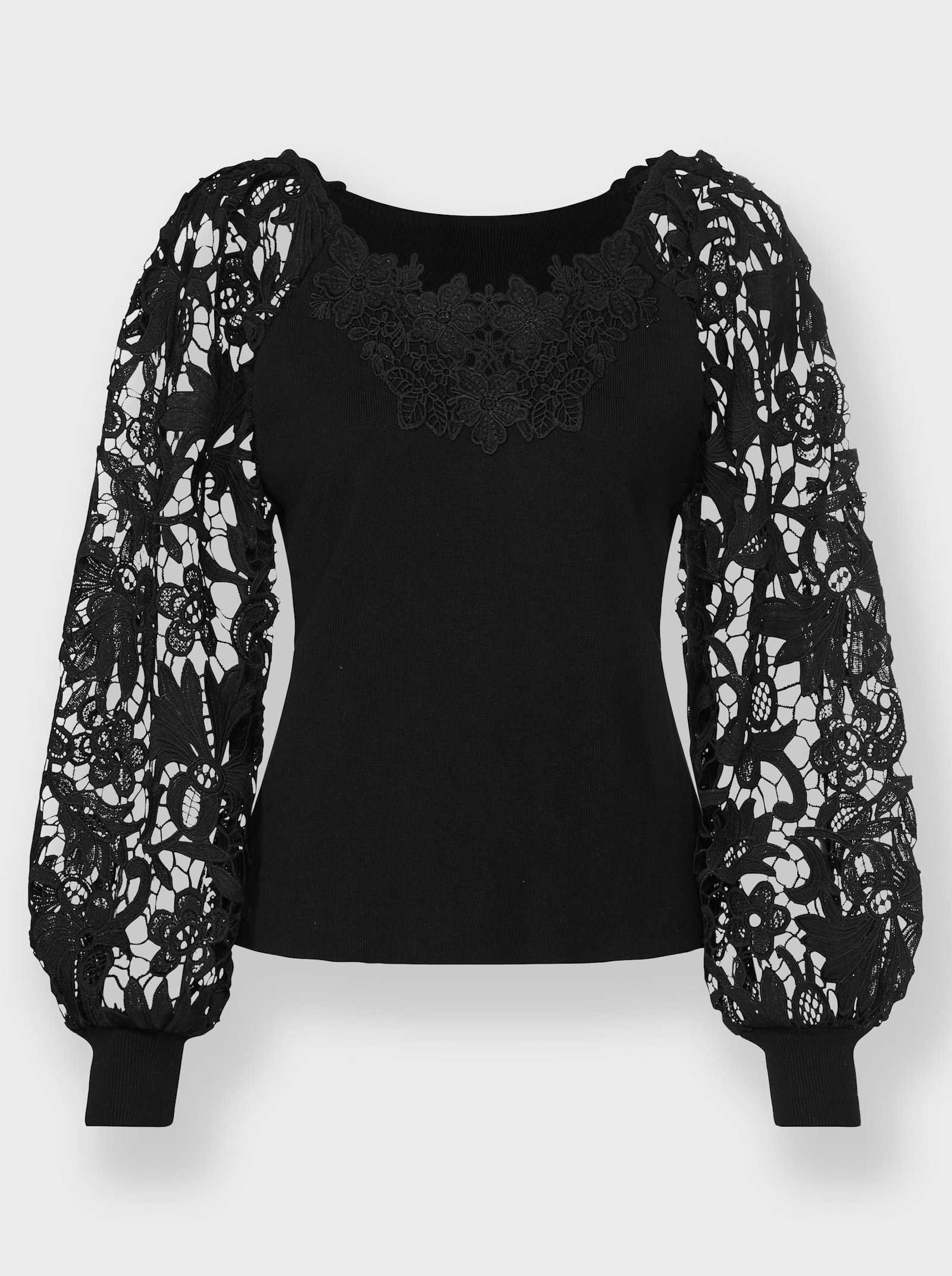 heine Langarm-Pullover mit Spitzen-Ärmeln - schwarz