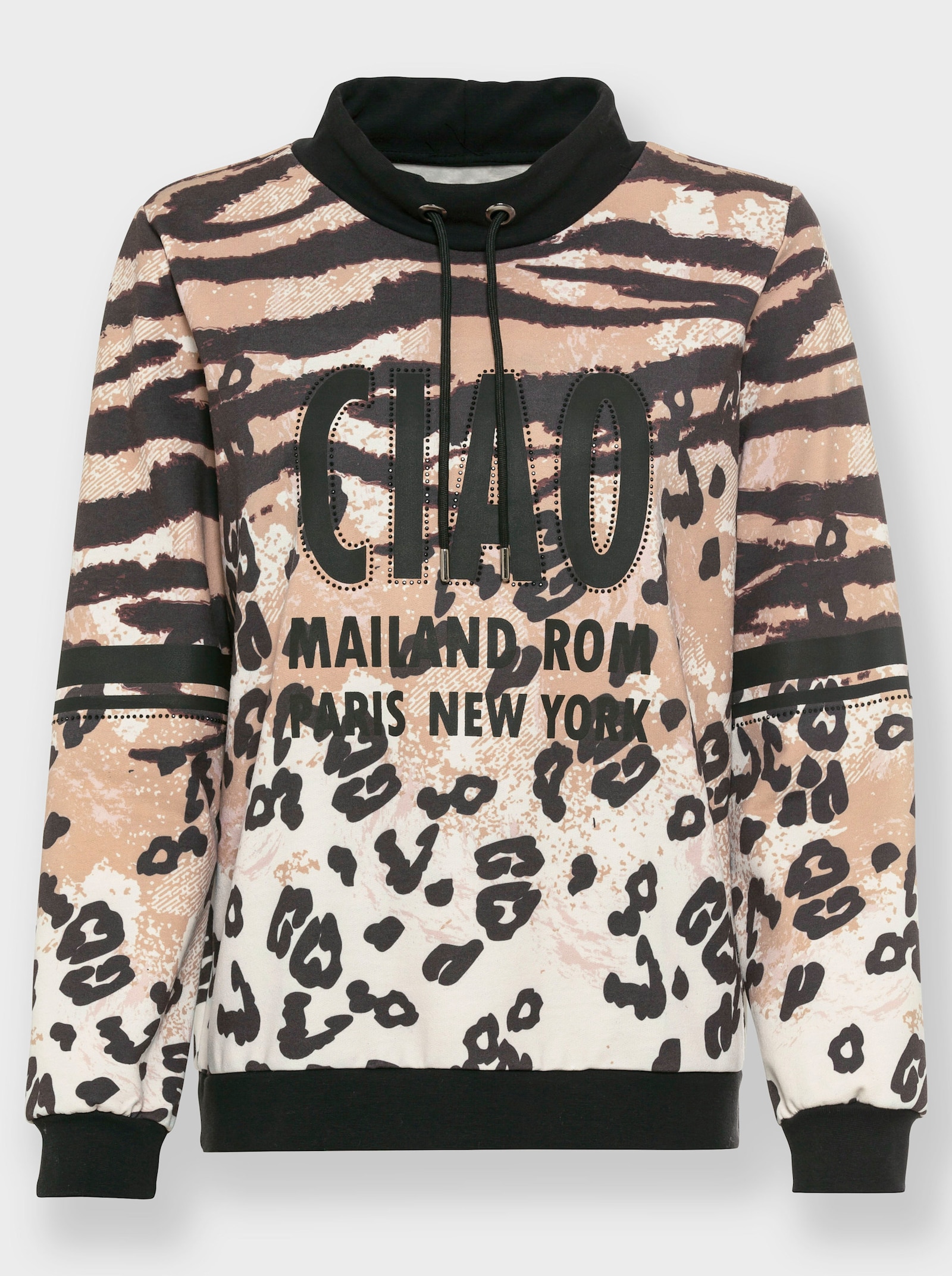 heine Sweatshirt met in wijdte verstelbare opstaande kraag - zwart/camel bedrukt