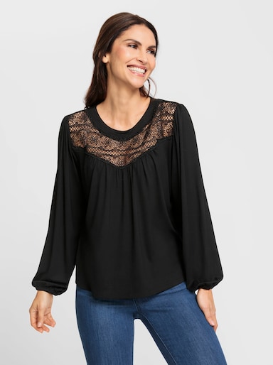 Rundhalsshirt mit Spitze im Vorderteil - schwarz