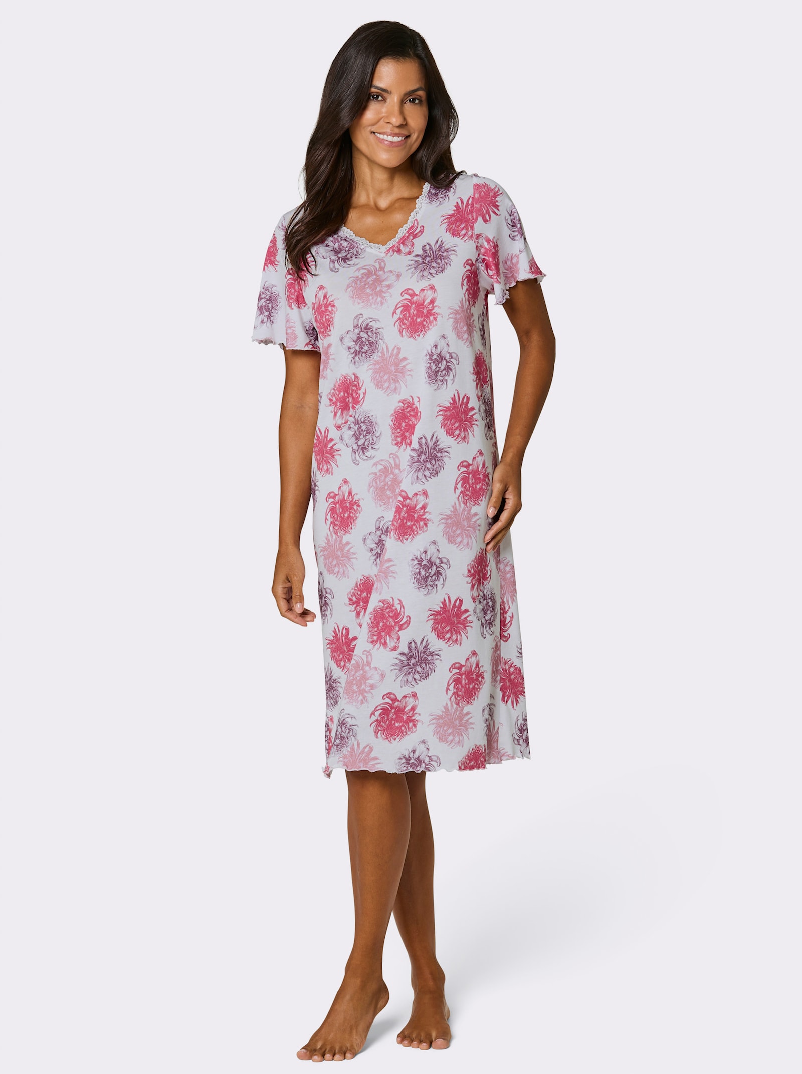 wäschepur Kurzarm-Sleepshirt mit Spitze am V-Ausschnitt - weiß-fuchsia-bedruckt