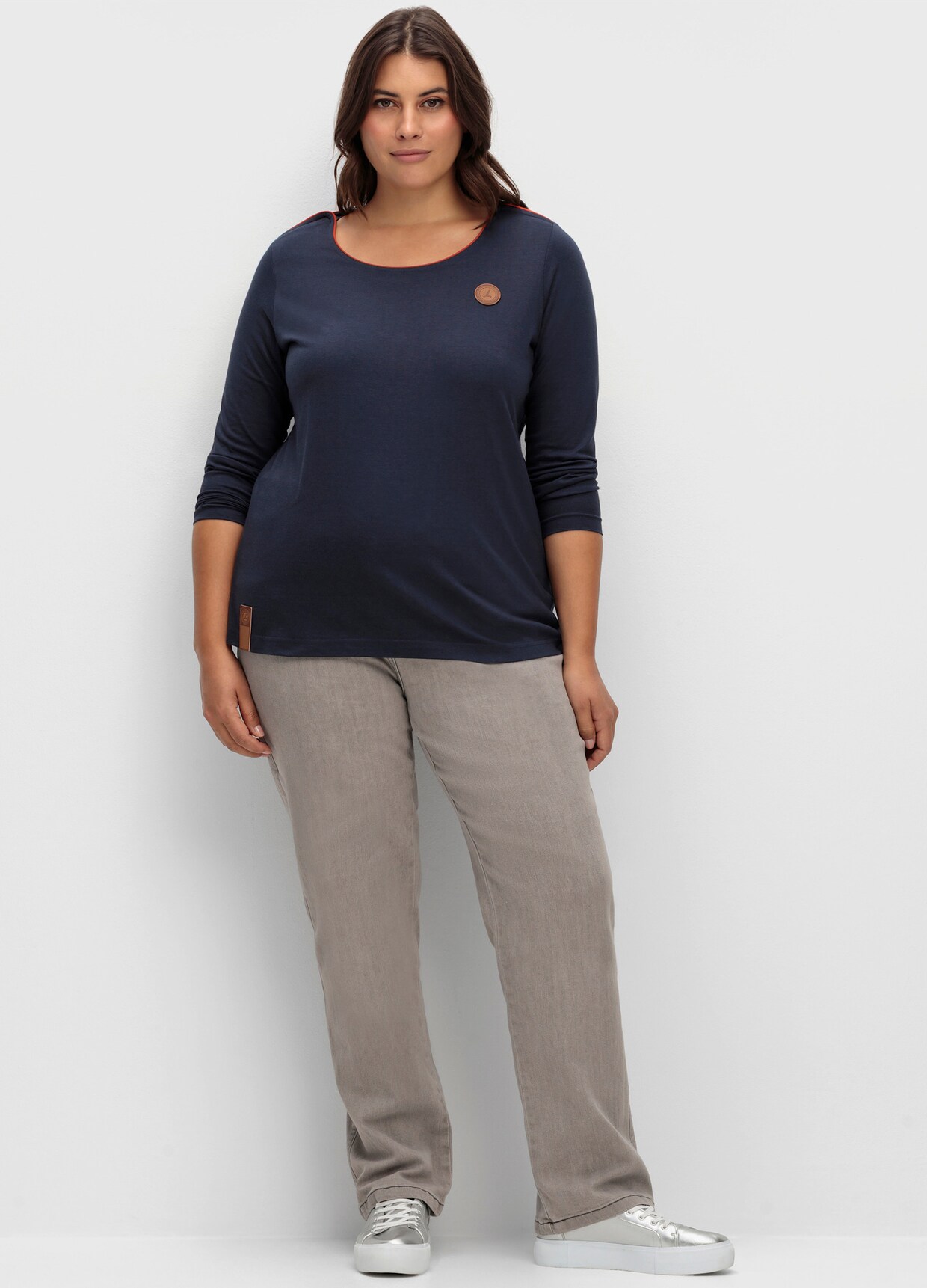 Langarmshirt mit Lederimitat-Emblem - marine