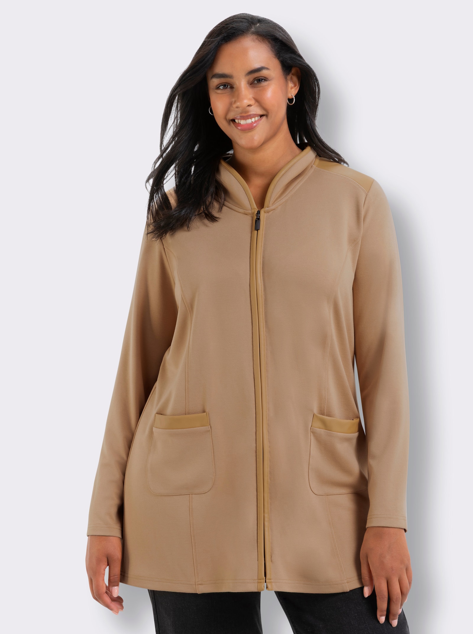 Sweatjacke mit Details in Leder-Optik - camel