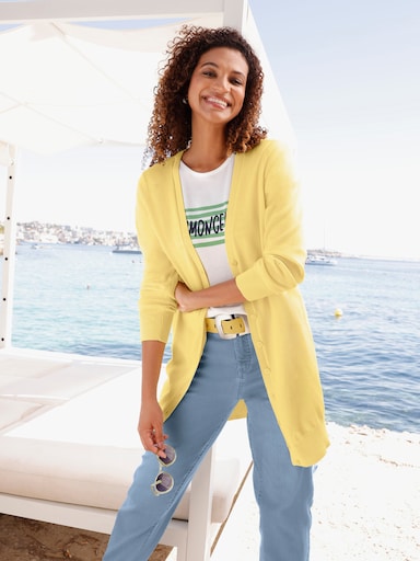 Longstrickjacke mit gerippten Bündchen - zitrone
