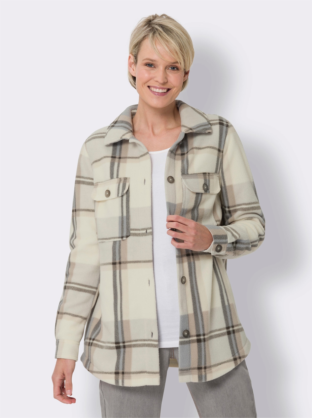 Fleecejacke - champagner-graphit-kariert