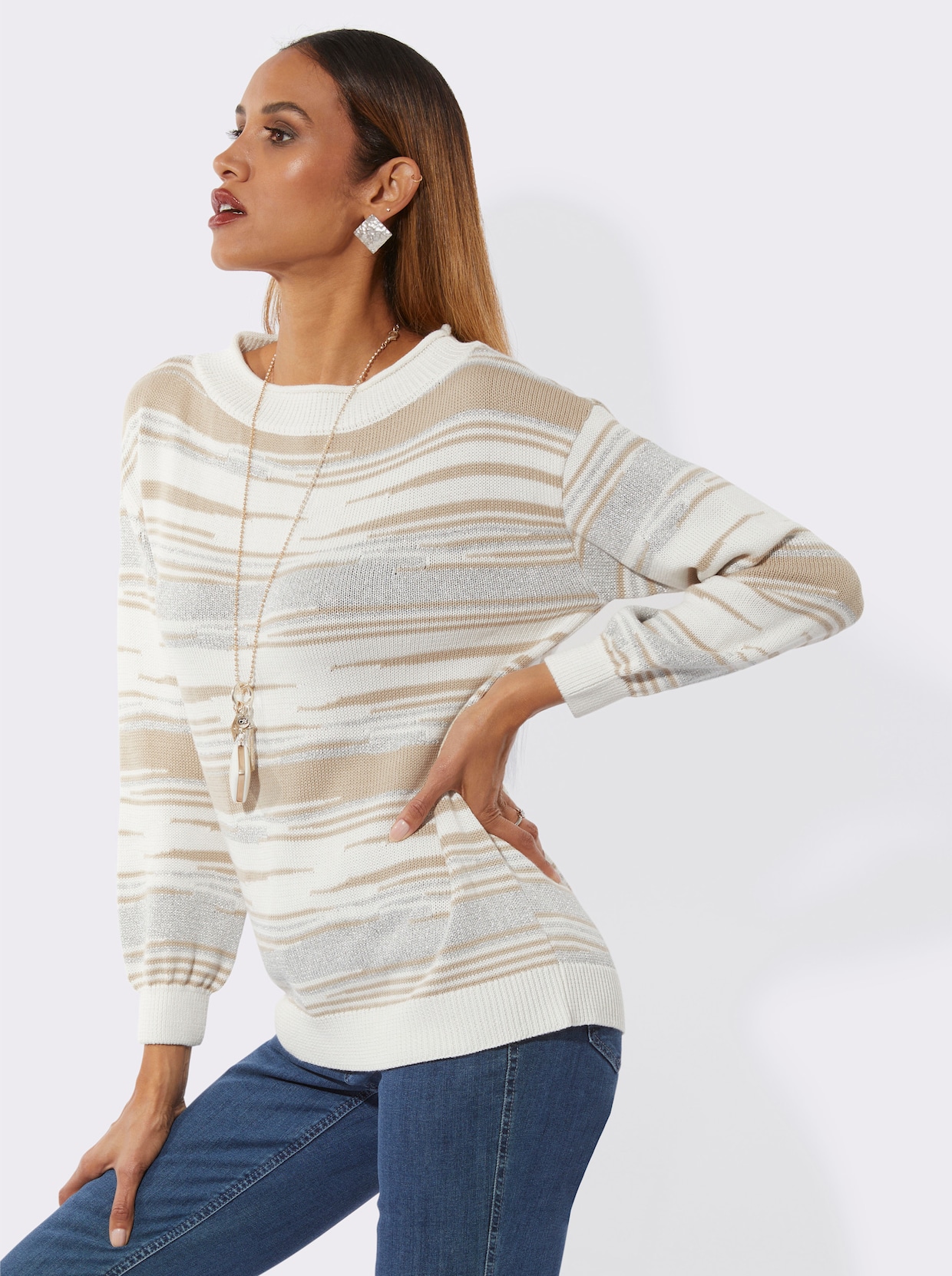 Jacquardpullover mit Glanzgarn - sand-ecru-gemustert