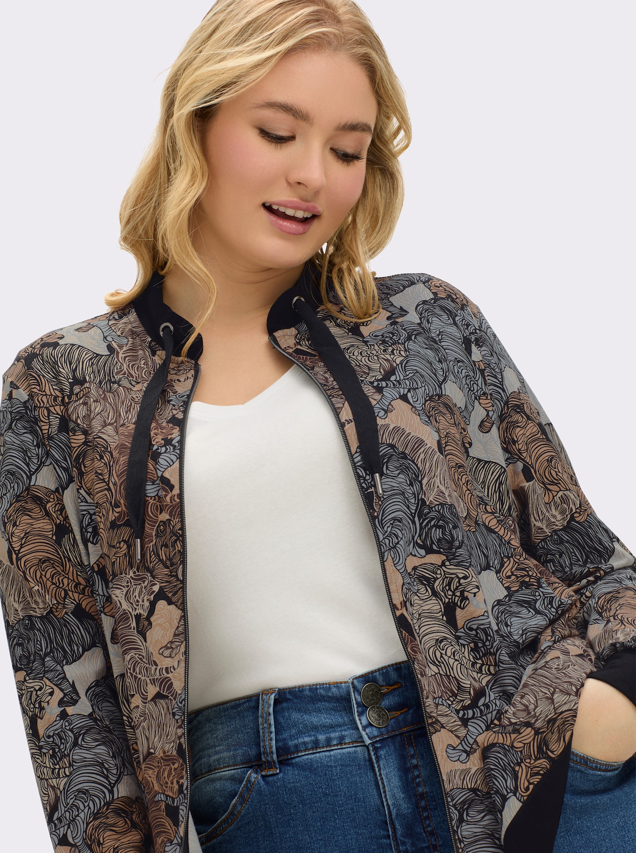 Shirtjacke in Blouson-Form - schwarz-sand-bedruckt