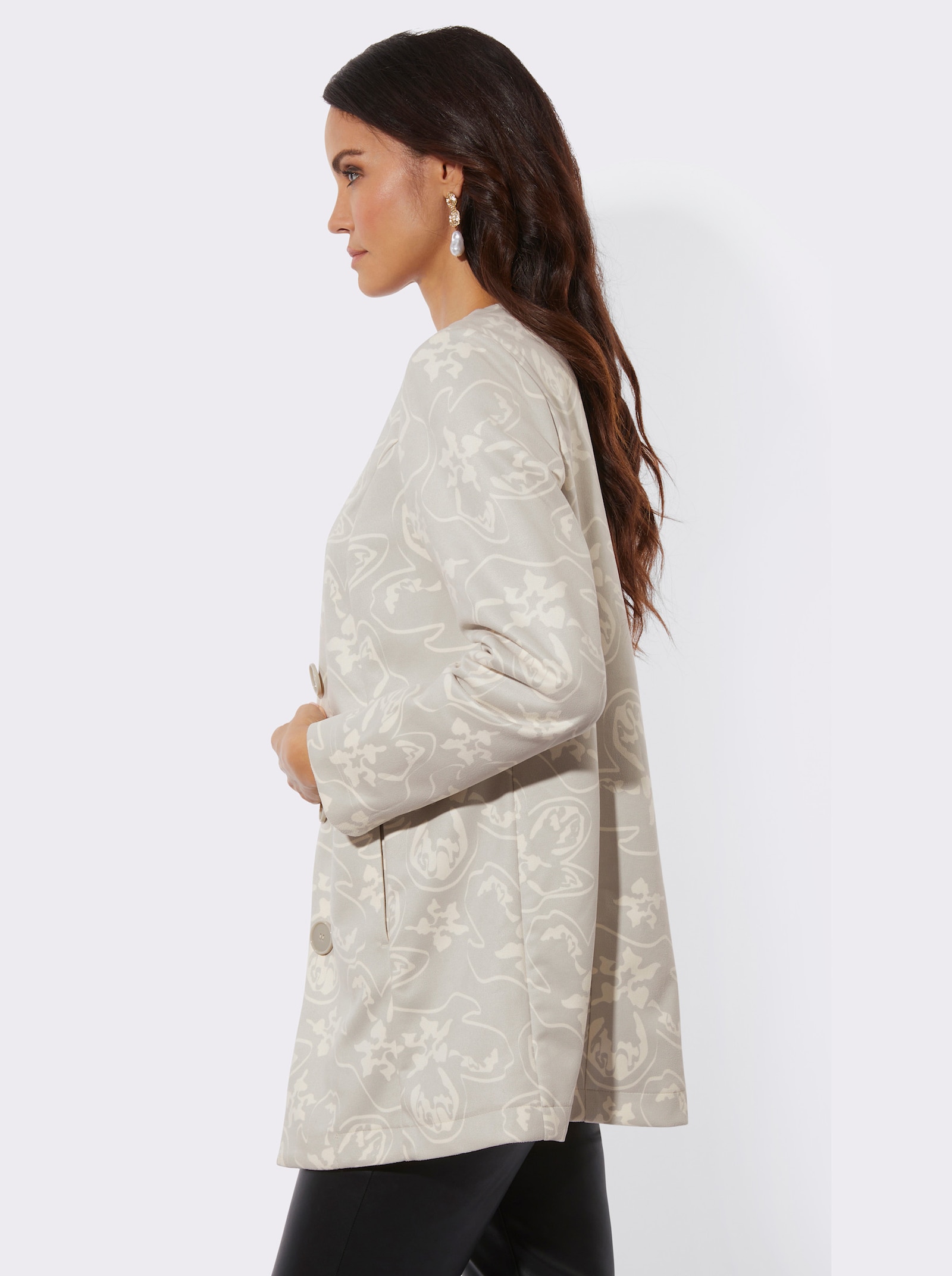 Longblazer aus bedrucktem Veloursleder-Imitat - hellgrau-champagner-bedruckt