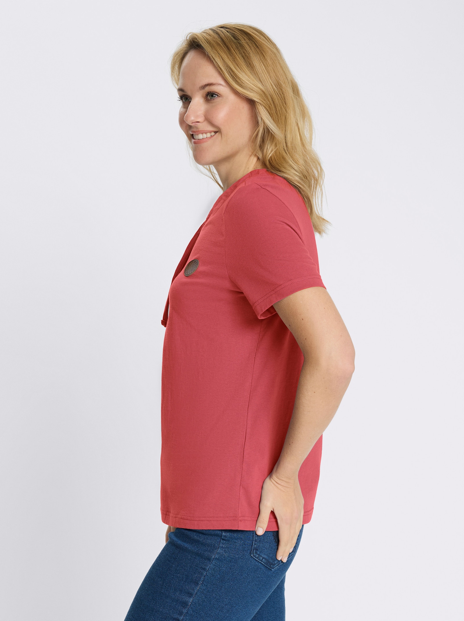 Kurzarmshirt mit Tunnelzug am Ausschnitt - grapefruit