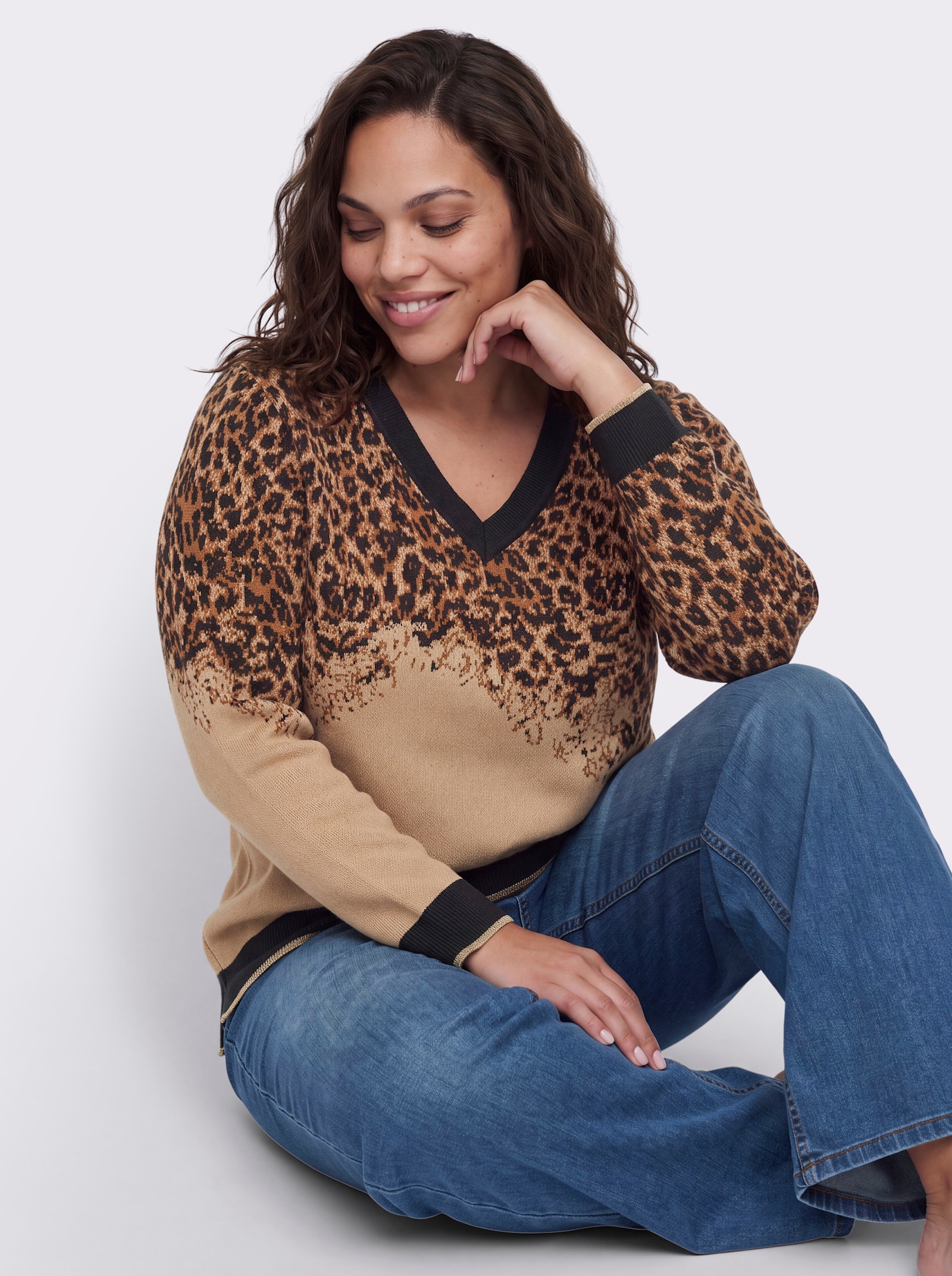 sheego Pullover met jacquard, versierd met glitterstrepen - choco/cognac gedessineerd