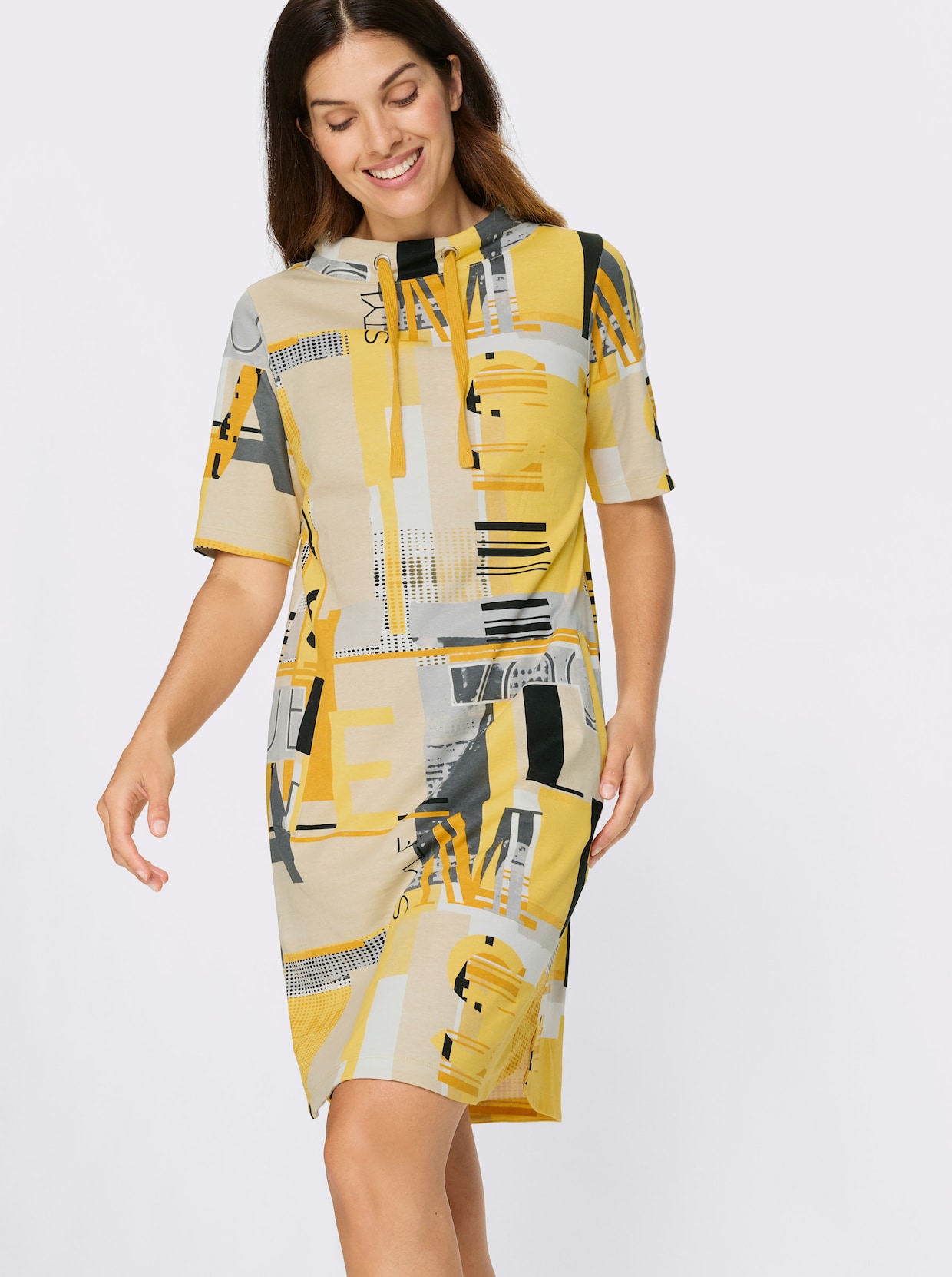 Sweatkleid - ocker-sand-bedruckt