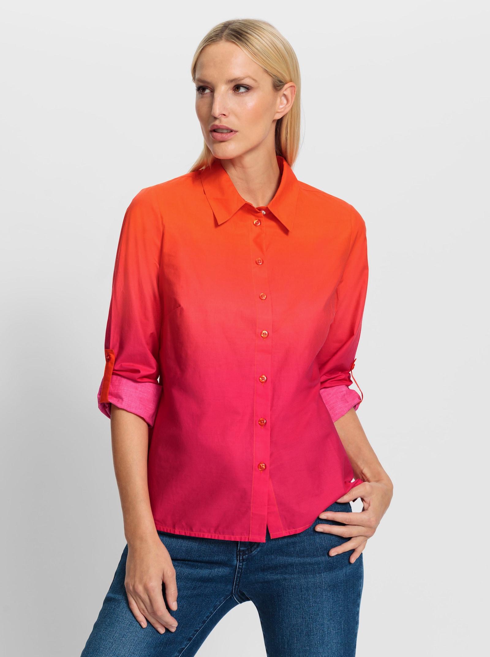heine Baumwollbluse mit Seitenschlitzen - orange-pink-bedruckt