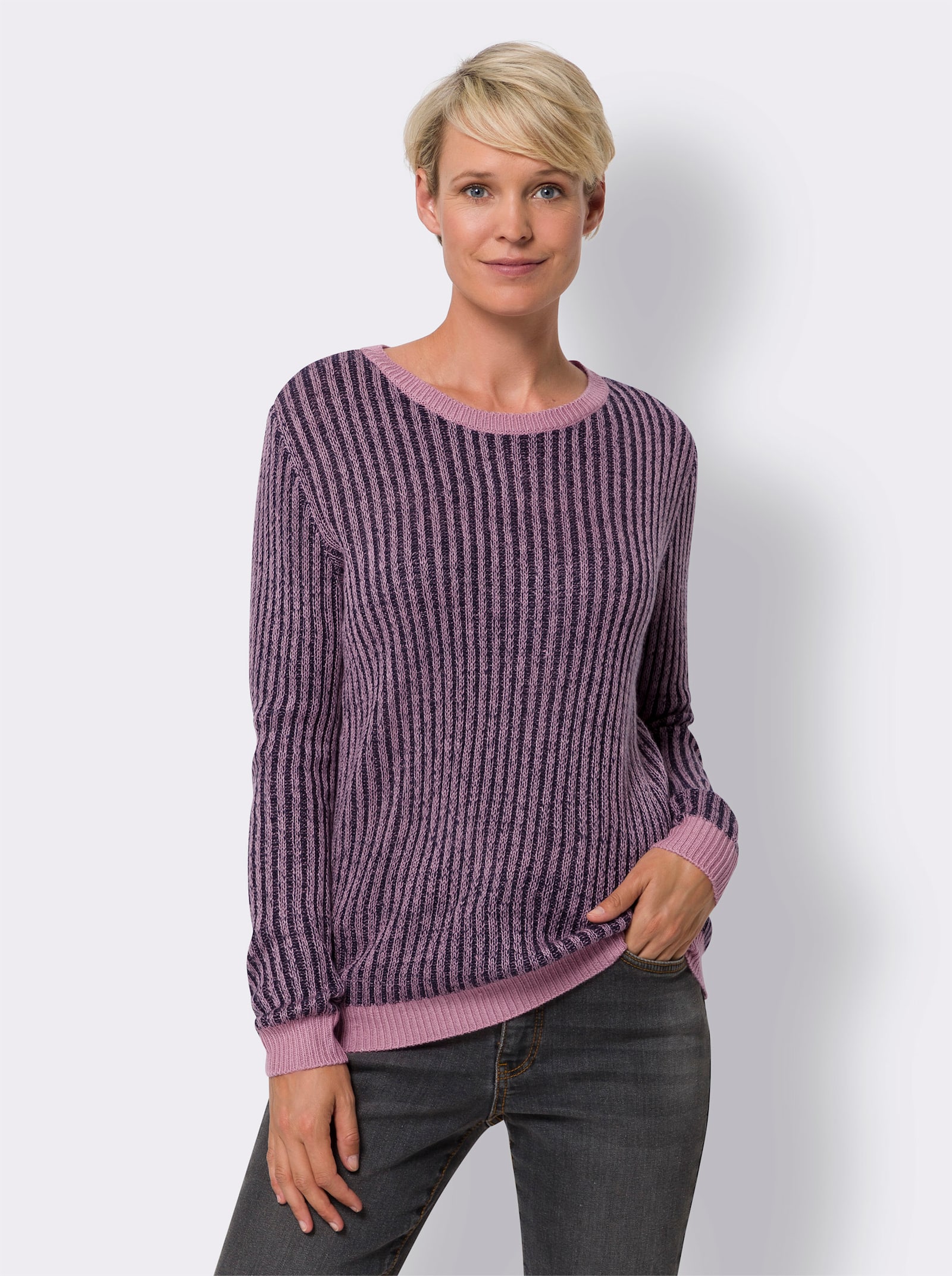 Langarm-Pullover aus zweifarbiger Rippe - marine-altrosa