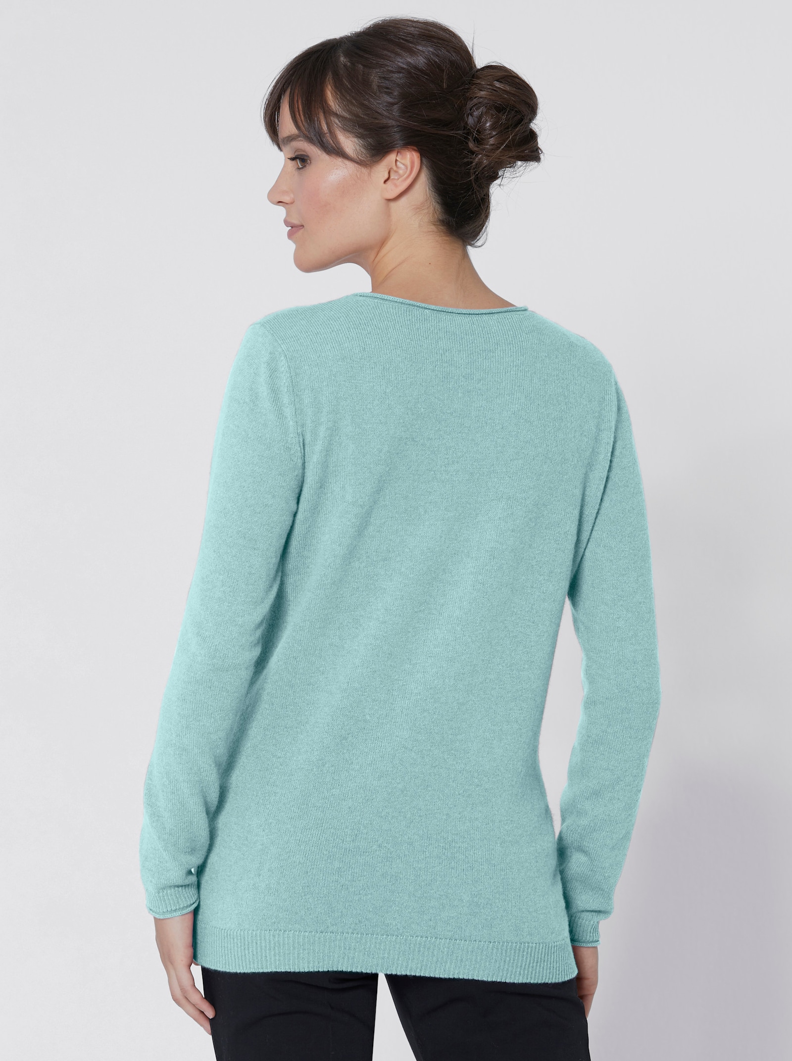 Kaschmirpullover mit Rollkanten - aqua-meliert