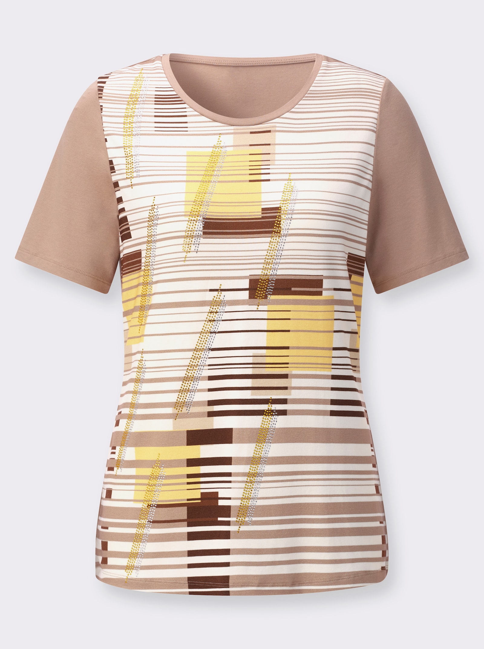 Rundhalsshirt mit Glitzersteinchen - sesam-ecru-bedruckt