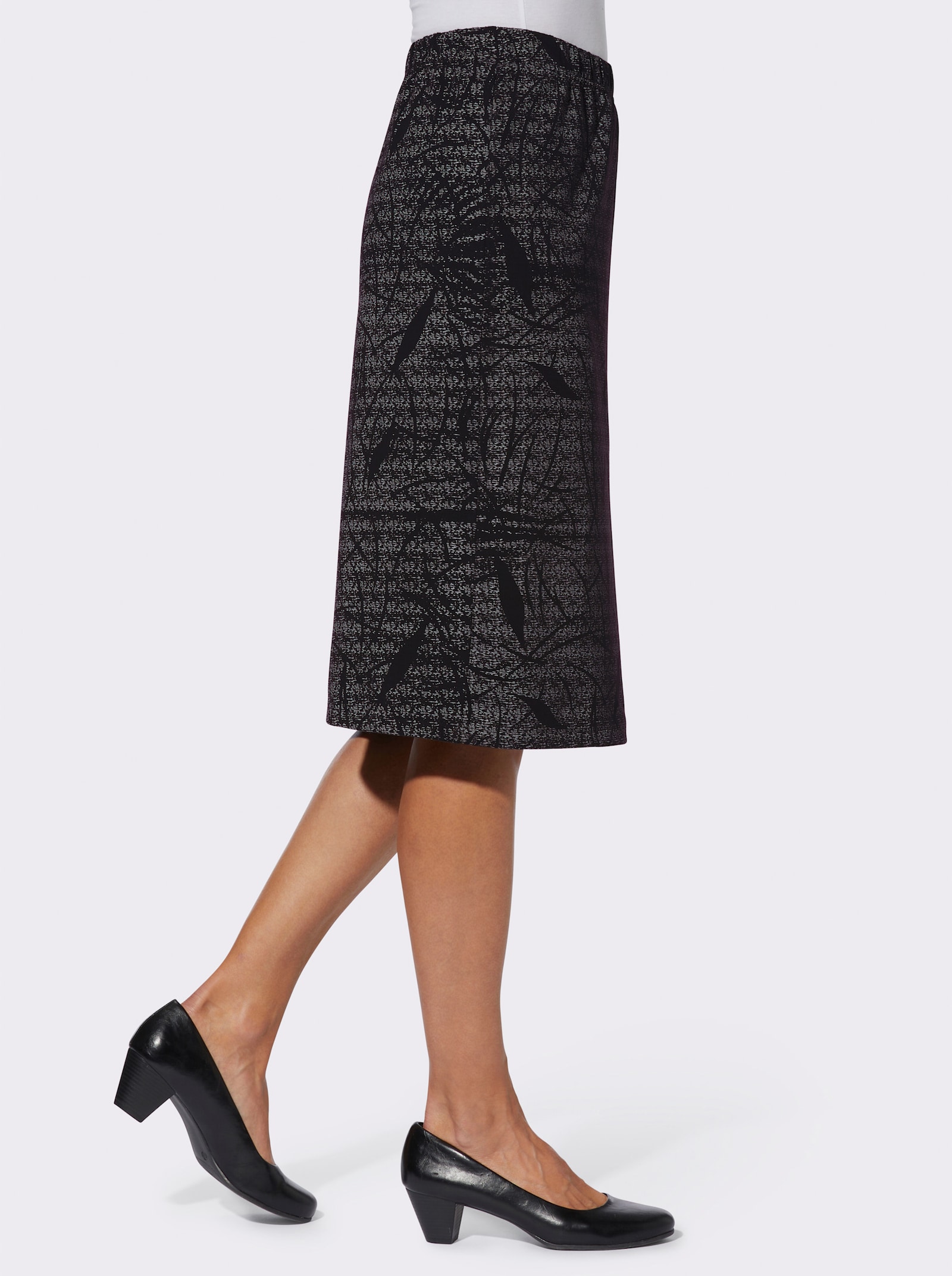 Trikåkjol med sprund - stengrå-svart-mönstrad