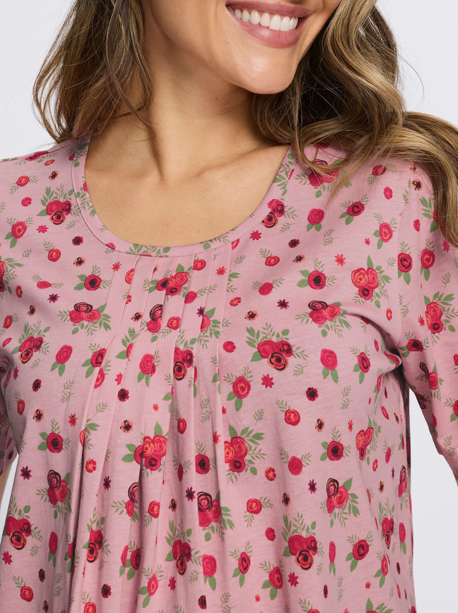 Kurzarmshirt mit Falten am Ausschnitt - hortensie-rot-bedruckt