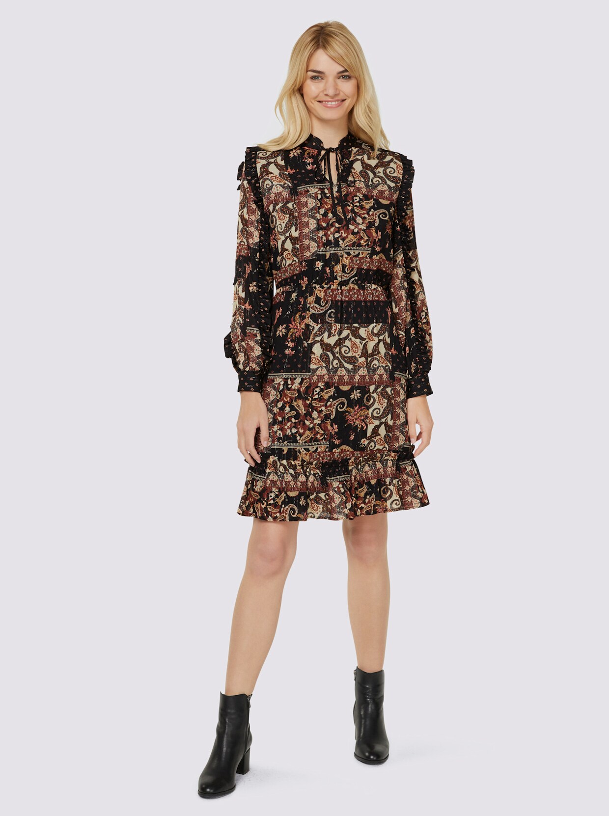 heine Druck-Kleid - schwarz-rotbraun-bedruckt