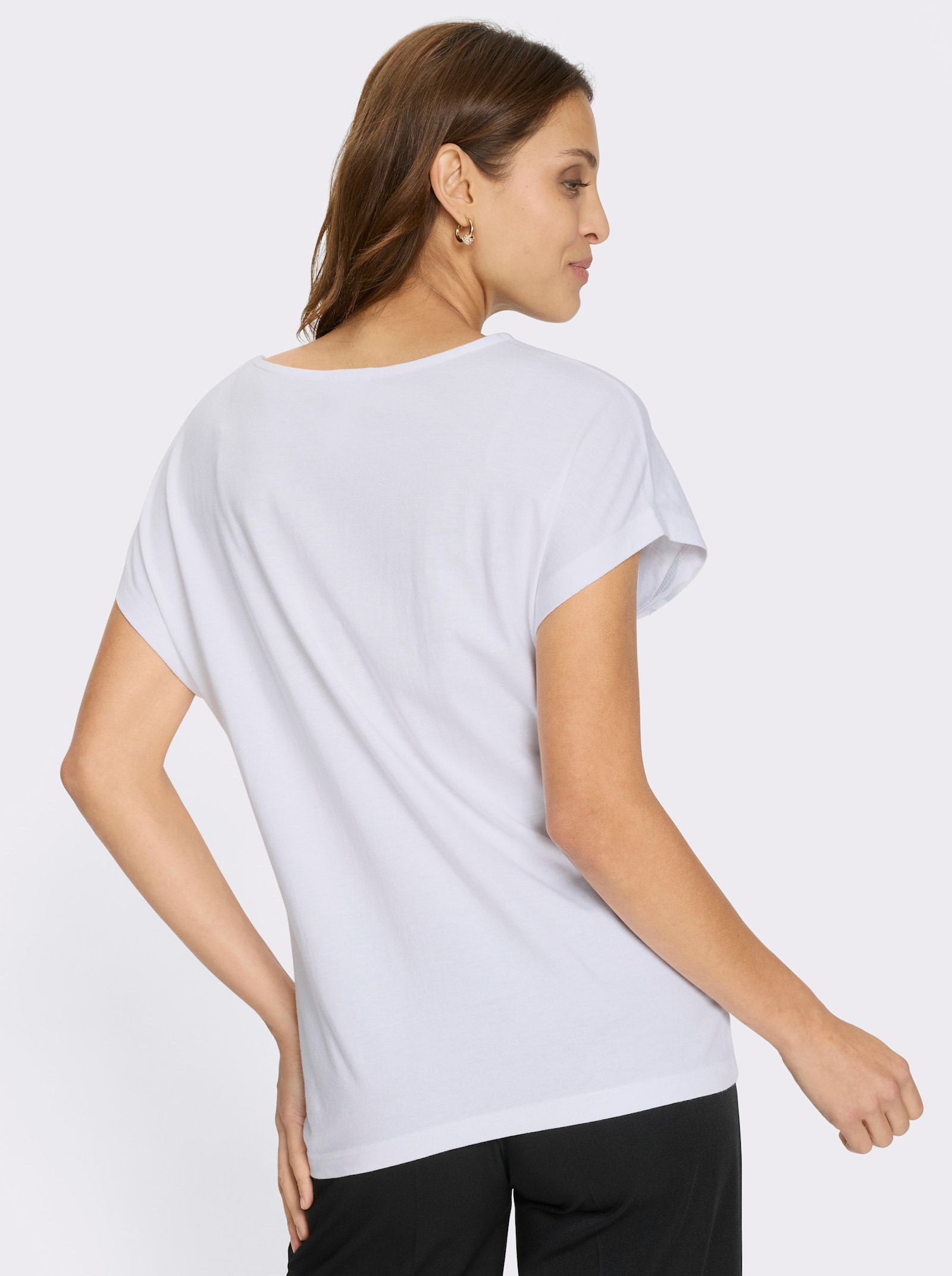 Topp med rund halsringning, bladtryck & glitterstenar - vit-eukalyptus-med tryck