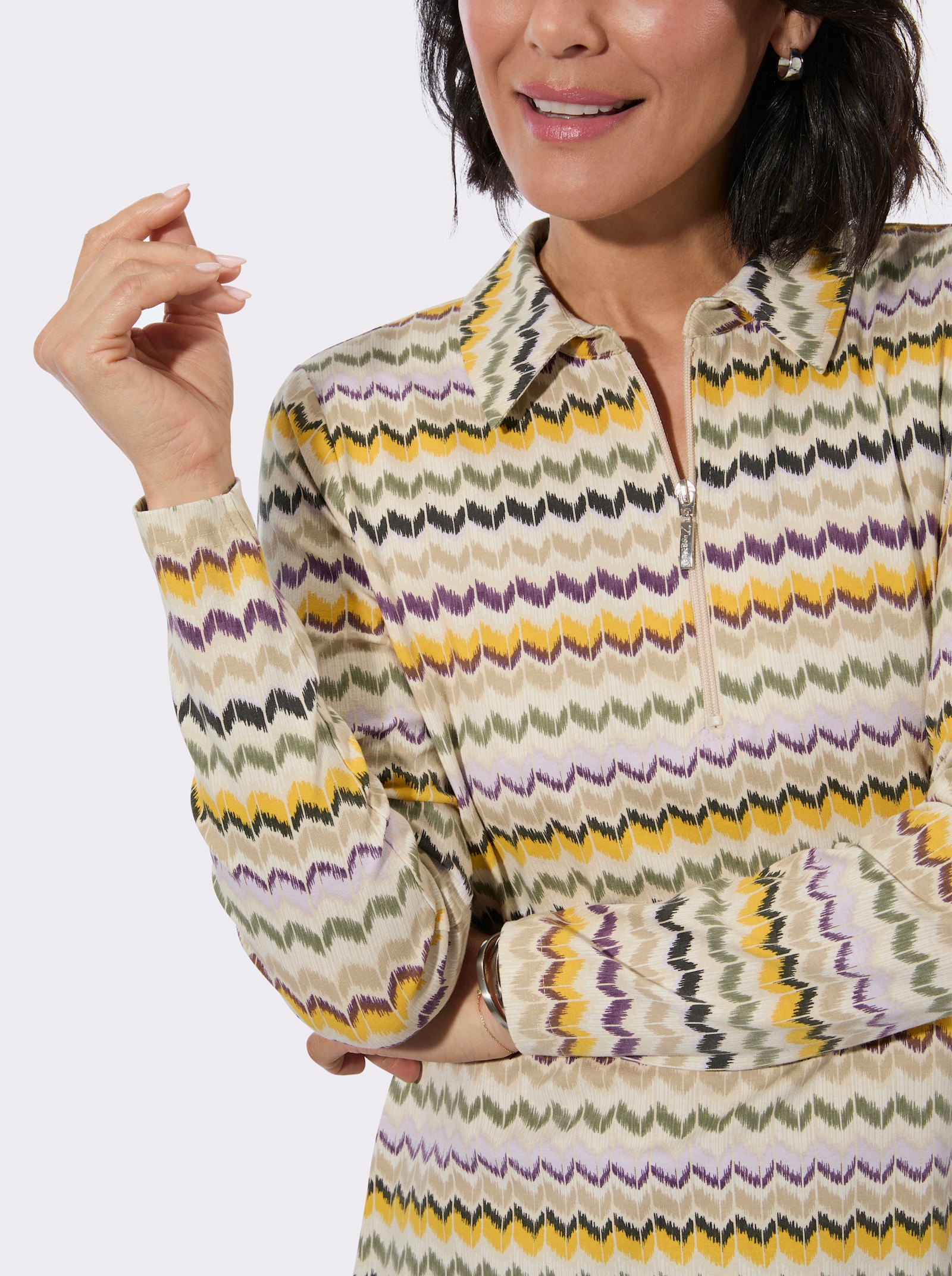 Poloshirt mit Reißverschluss - oliv-traube-gemustert