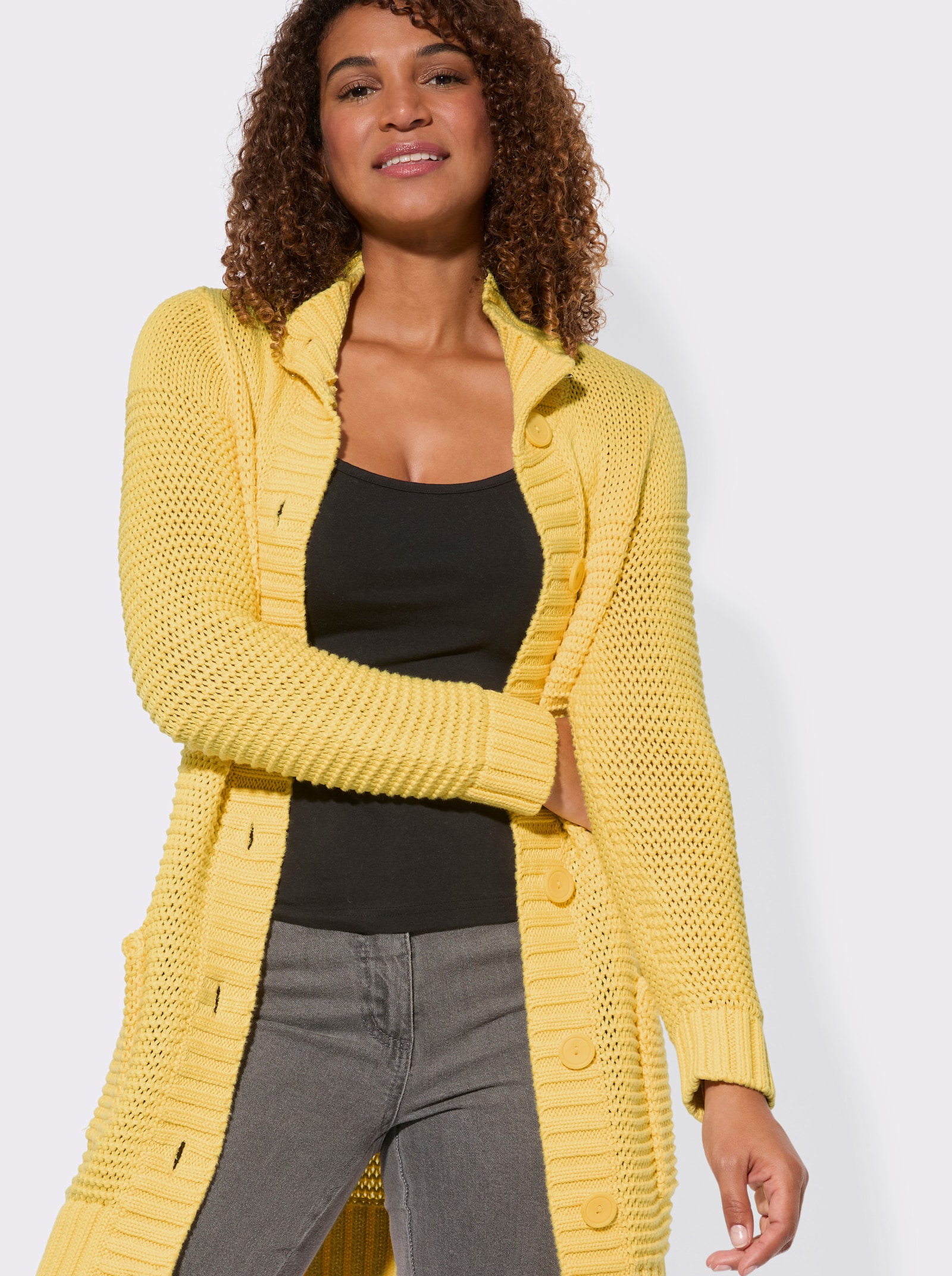 Longstrickjacke mit partiellen Fantasiemuster - zitrone
