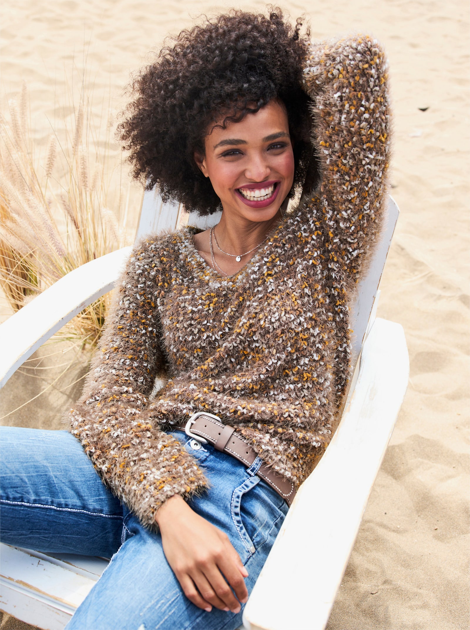 heine Pull en tricot chiné, tricot fin - marron-ocre chiné