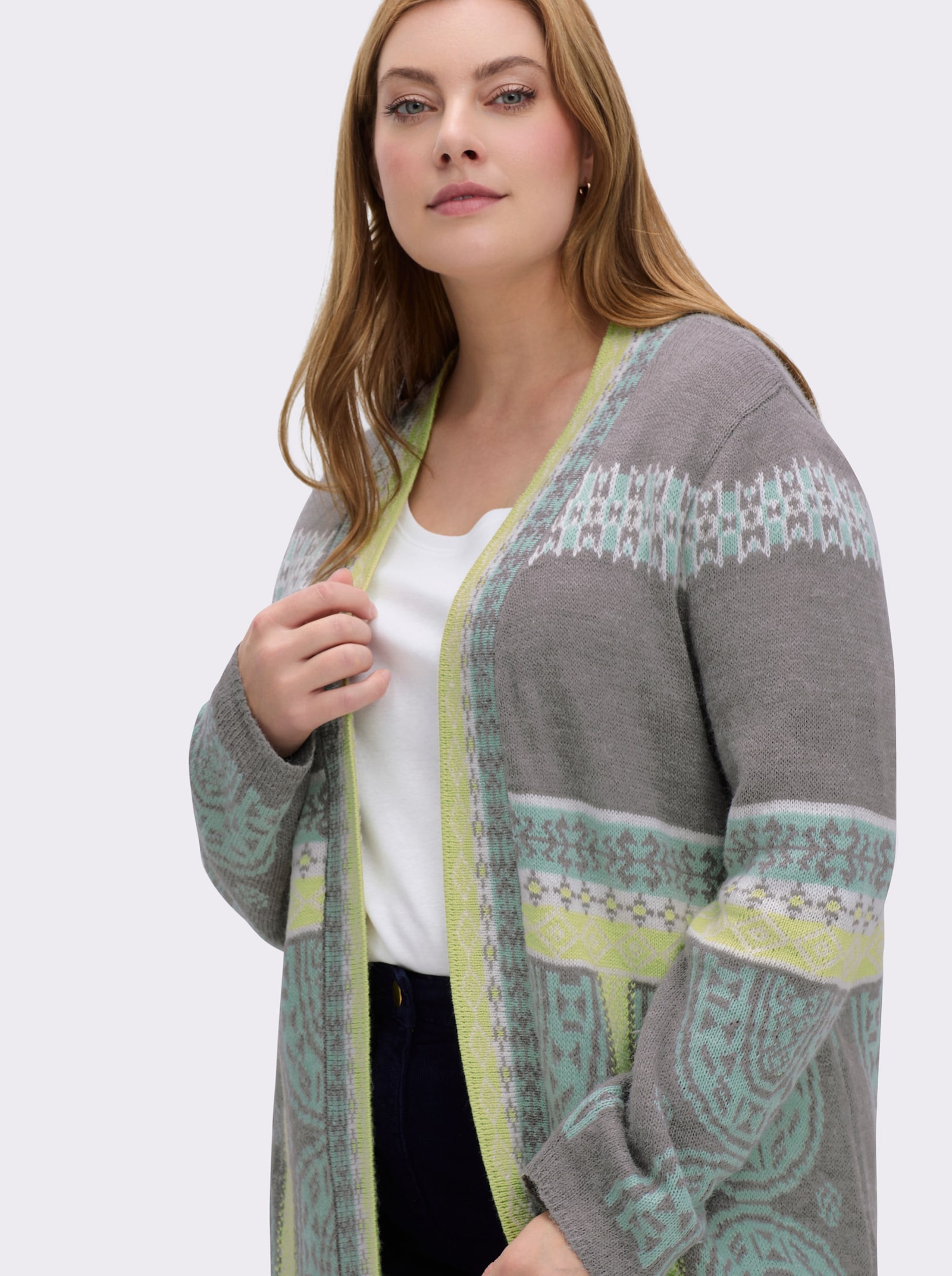 Longstrickjacke im Jacquard-Muster-Mix - kalkmint-grau-gemustert