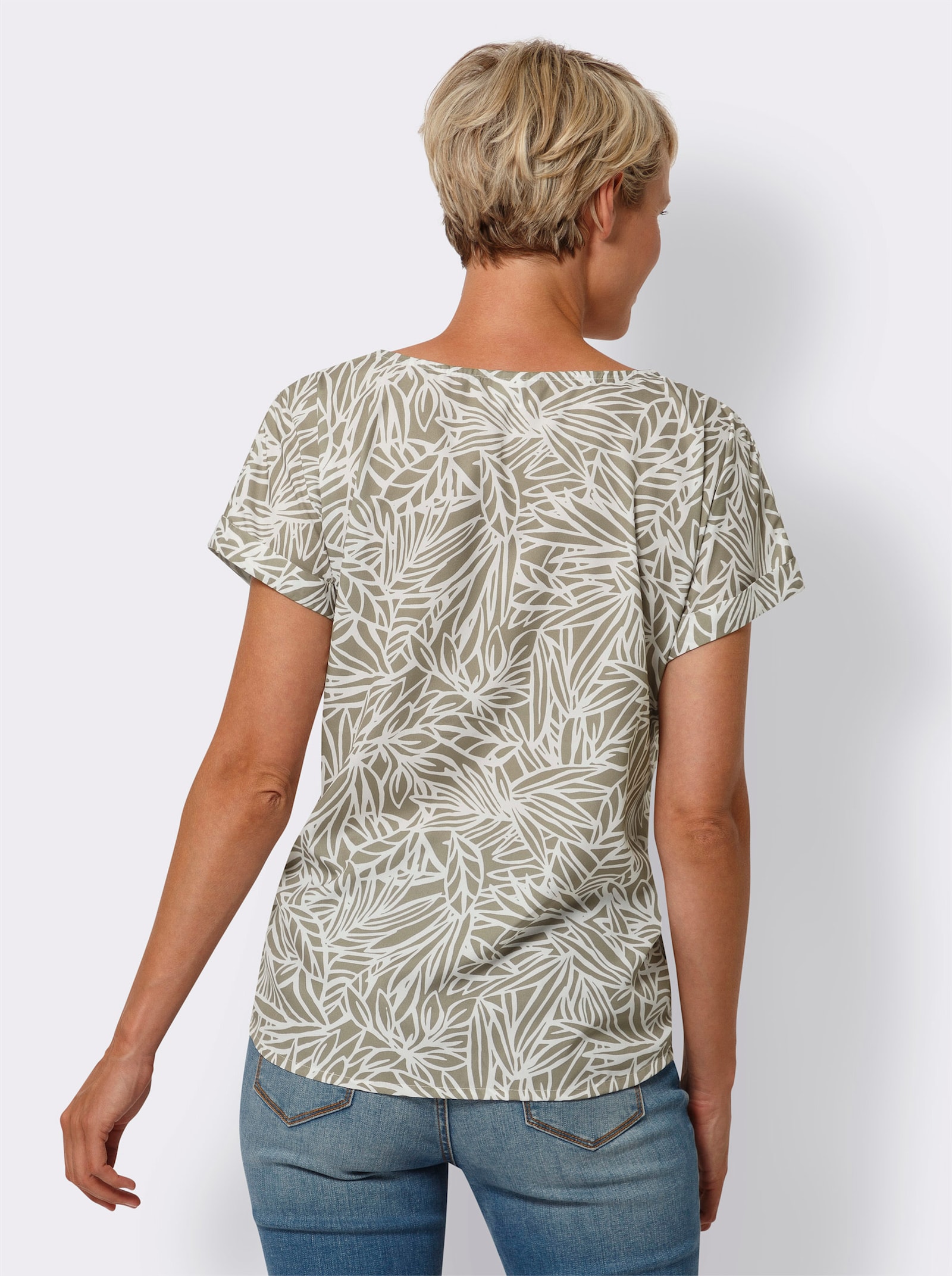 Comfortblouse van crêpe, onderhoudsarm - leem/ecru bedrukt