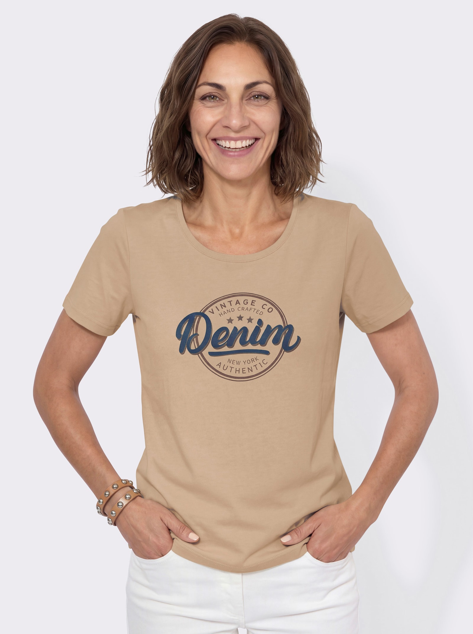 Kurzarmshirt mit platziertem Schriftzug - beige