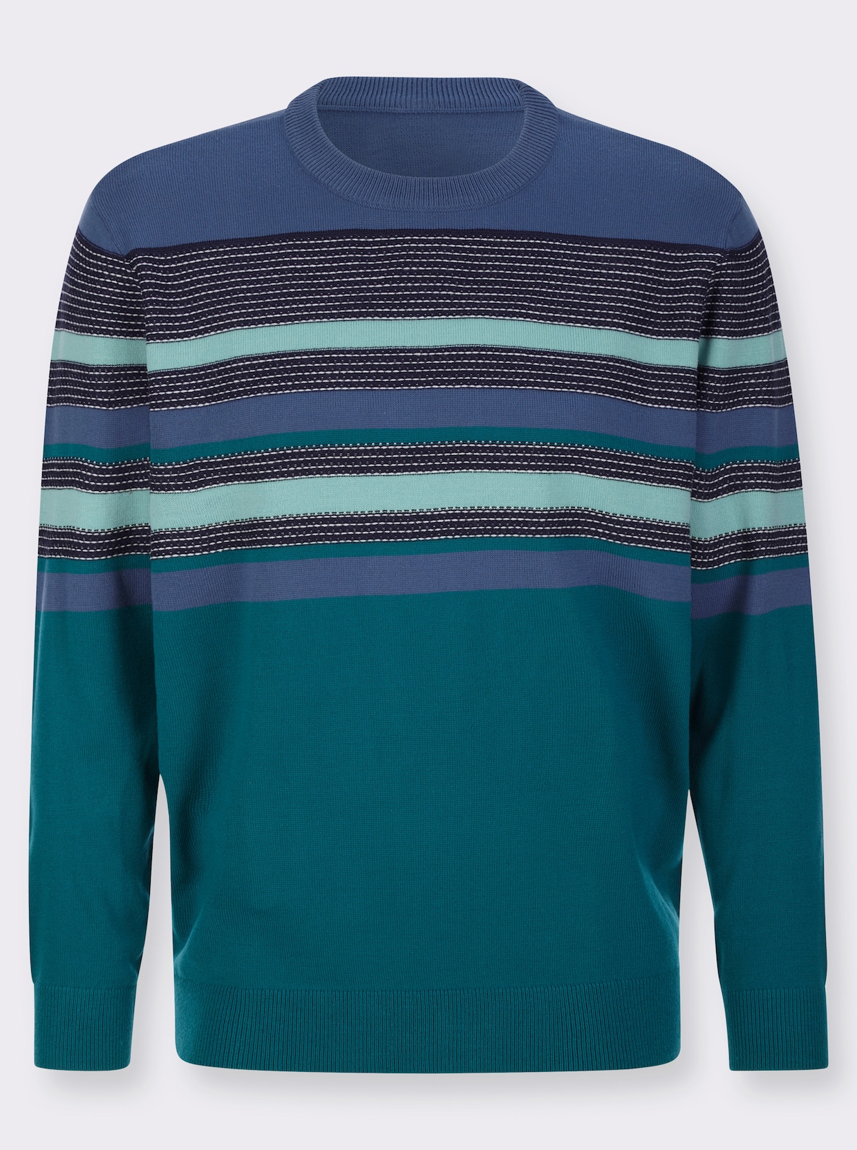 Rundhalspullover - jeansblau-petrol-geringelt