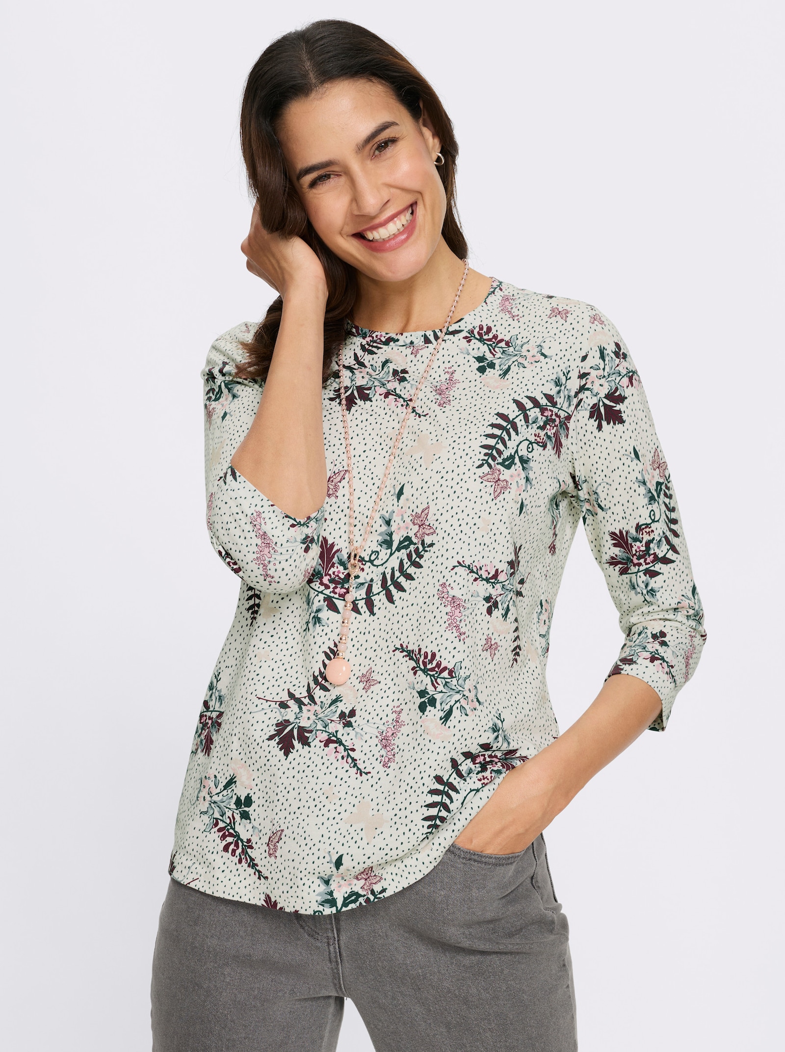 3/4-Arm-Shirt mit floralem Dessin - champagner-hortensie-bedruckt