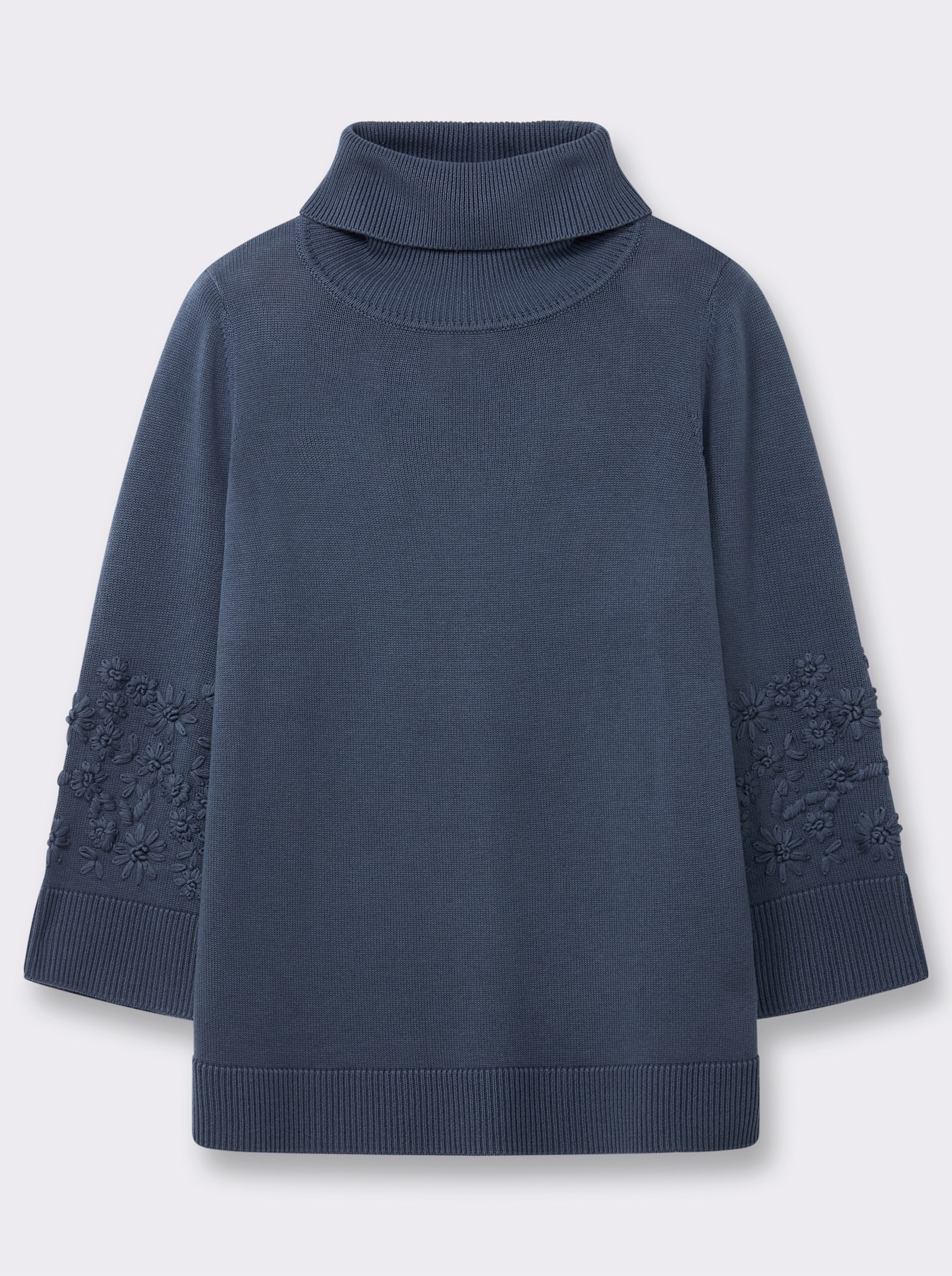 sheego Rollkragenpullover mit Stickereien am Ärmel - rauchblau