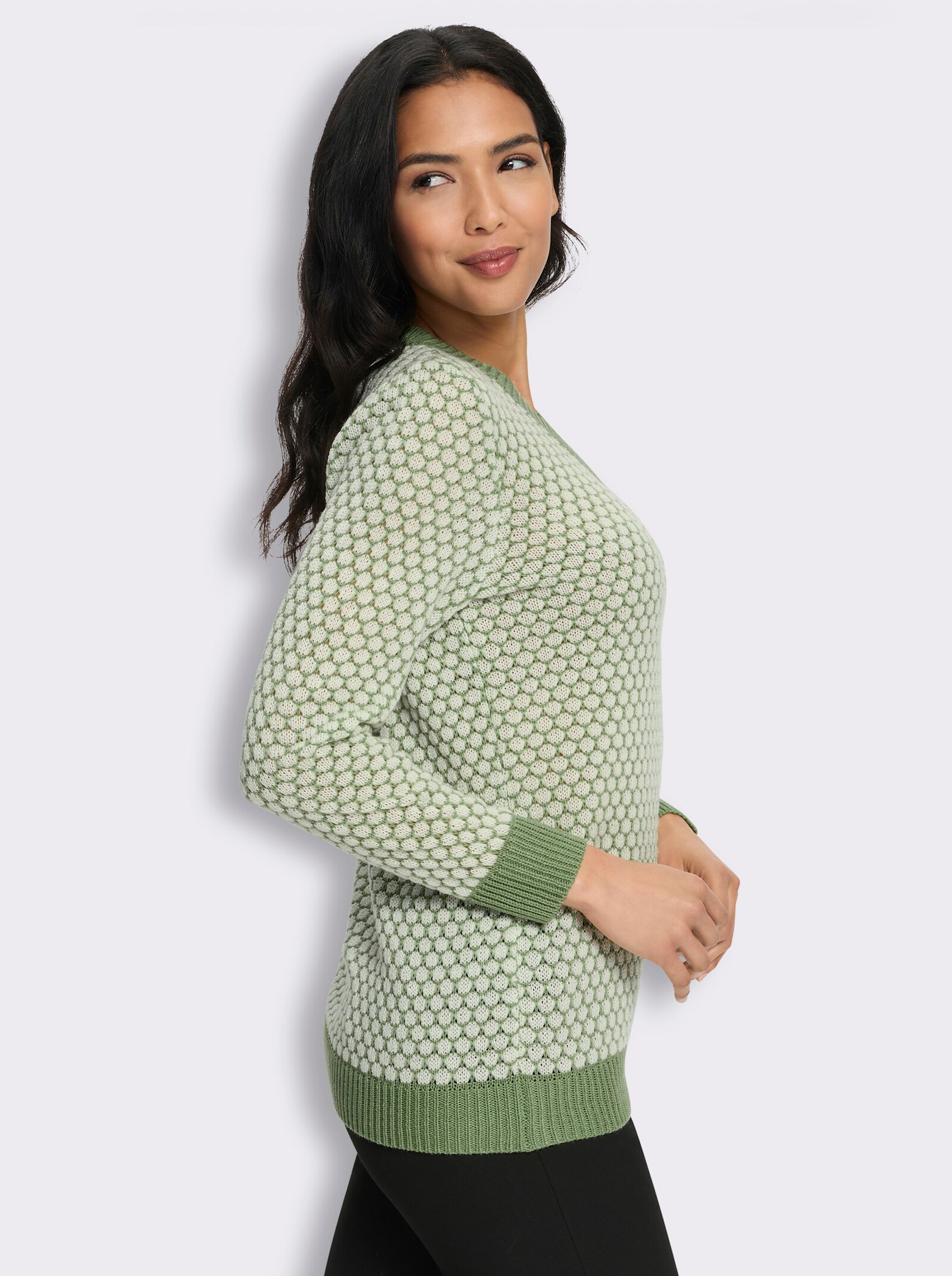 Langarm-Pullover im attraktiven Strickmuster - eucalyptus-ecru-gemustert