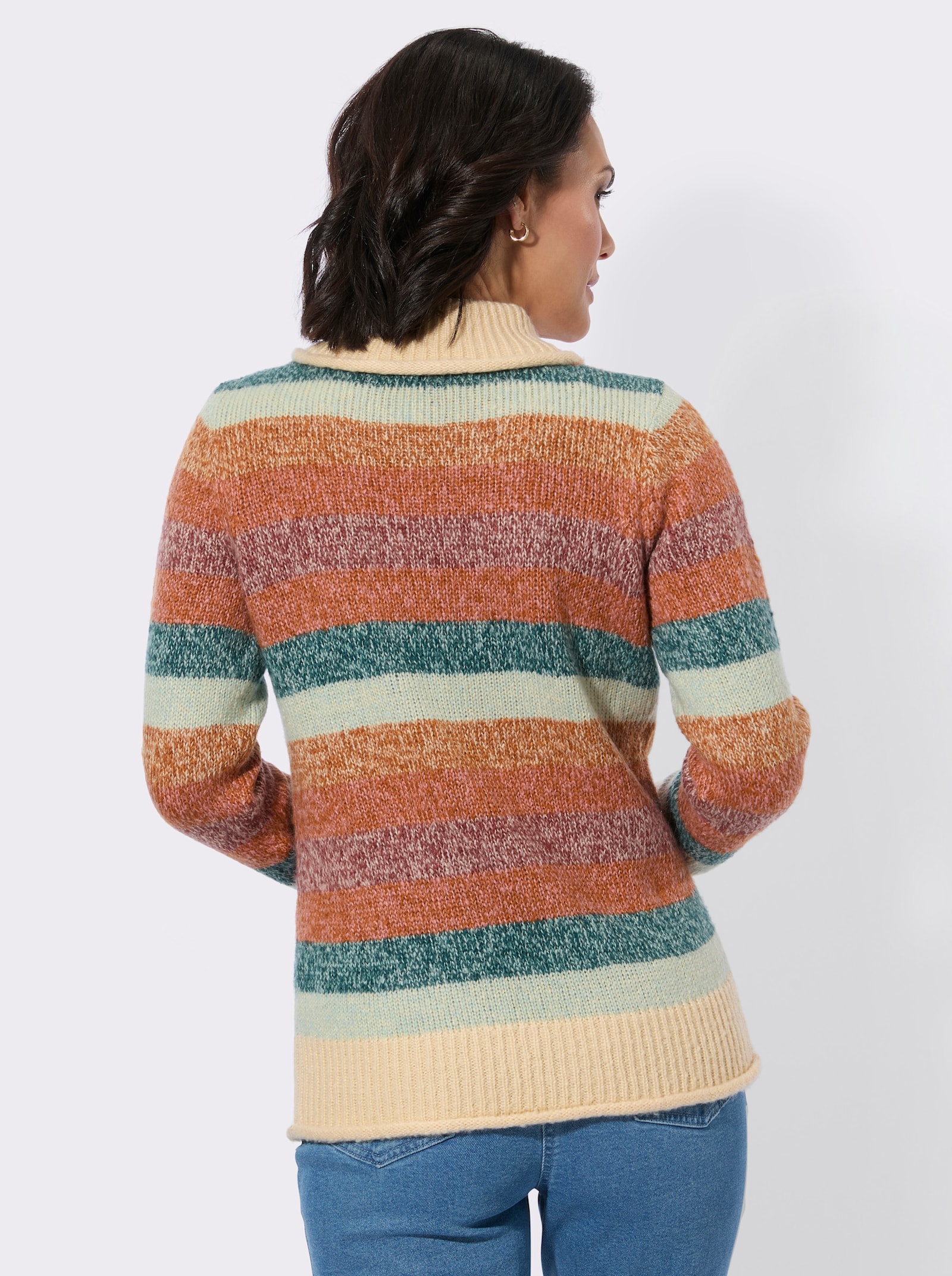 Stehkragenpullover mit Rollkanten - kalkmint-flamingo-geringelt