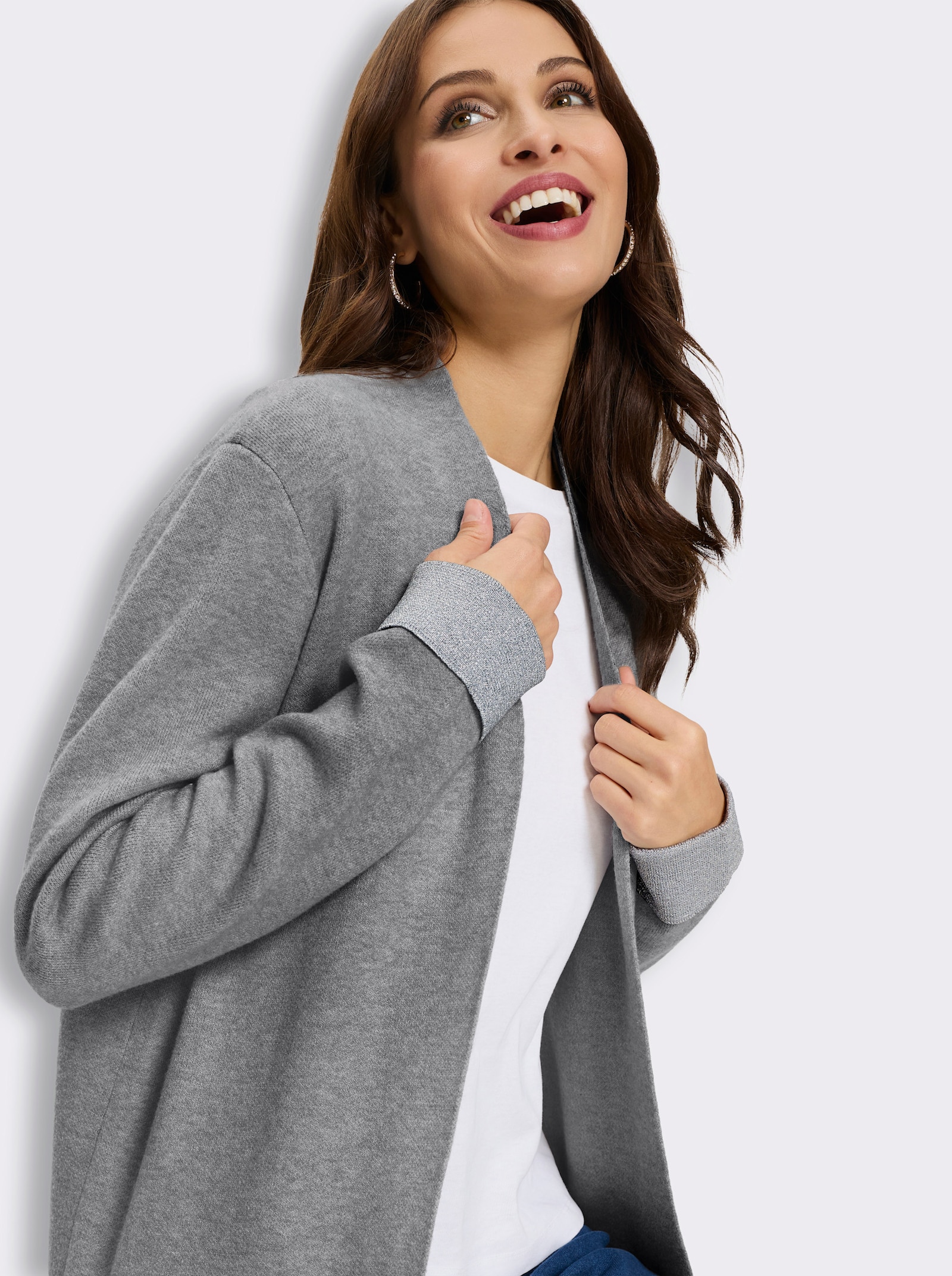 Longstrickjacke mit Glanzgarn-Details - steingrau-meliert