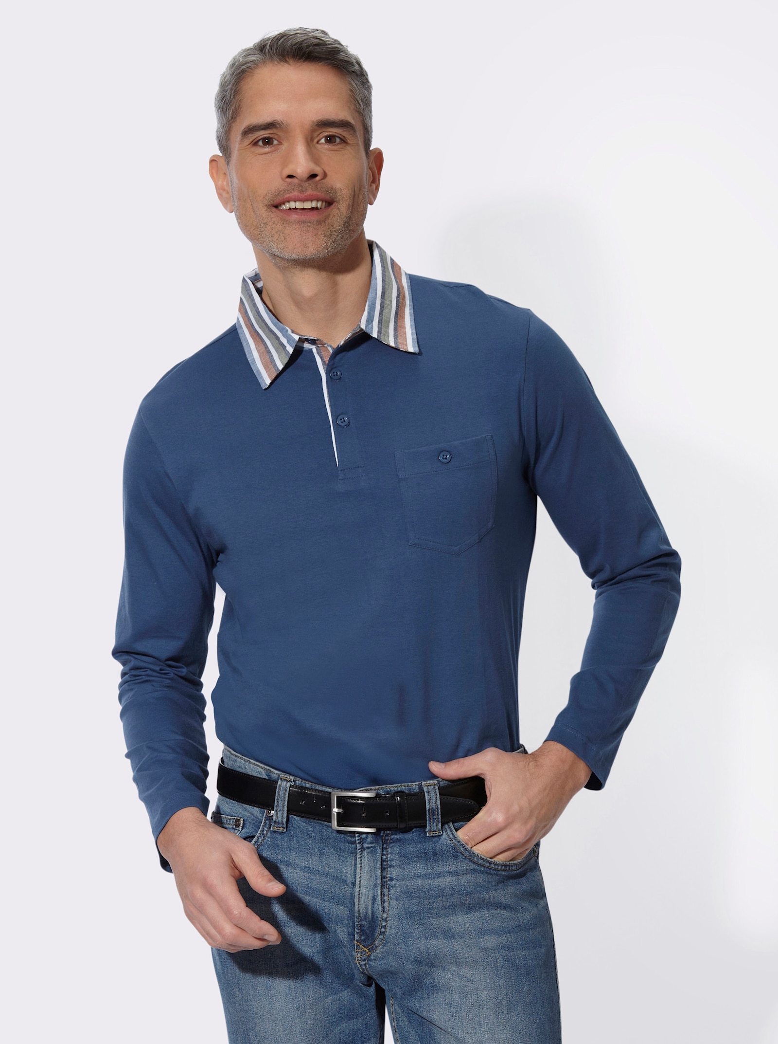 Langarm-Poloshirt mit gewebtem Kragen - jeansblau