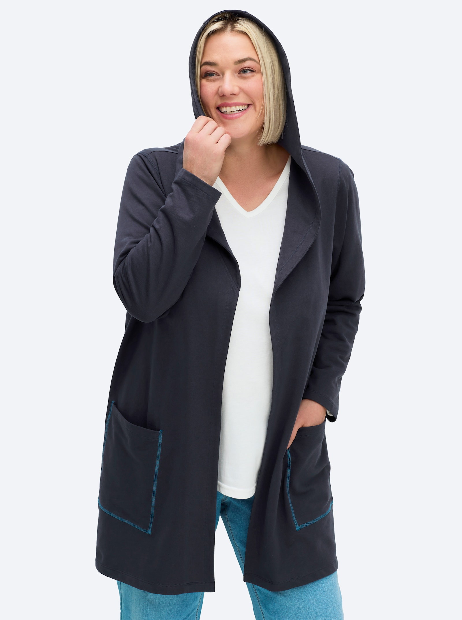 sheego Sweatjacke mit Kapuze, verschlusslos - tiefblau