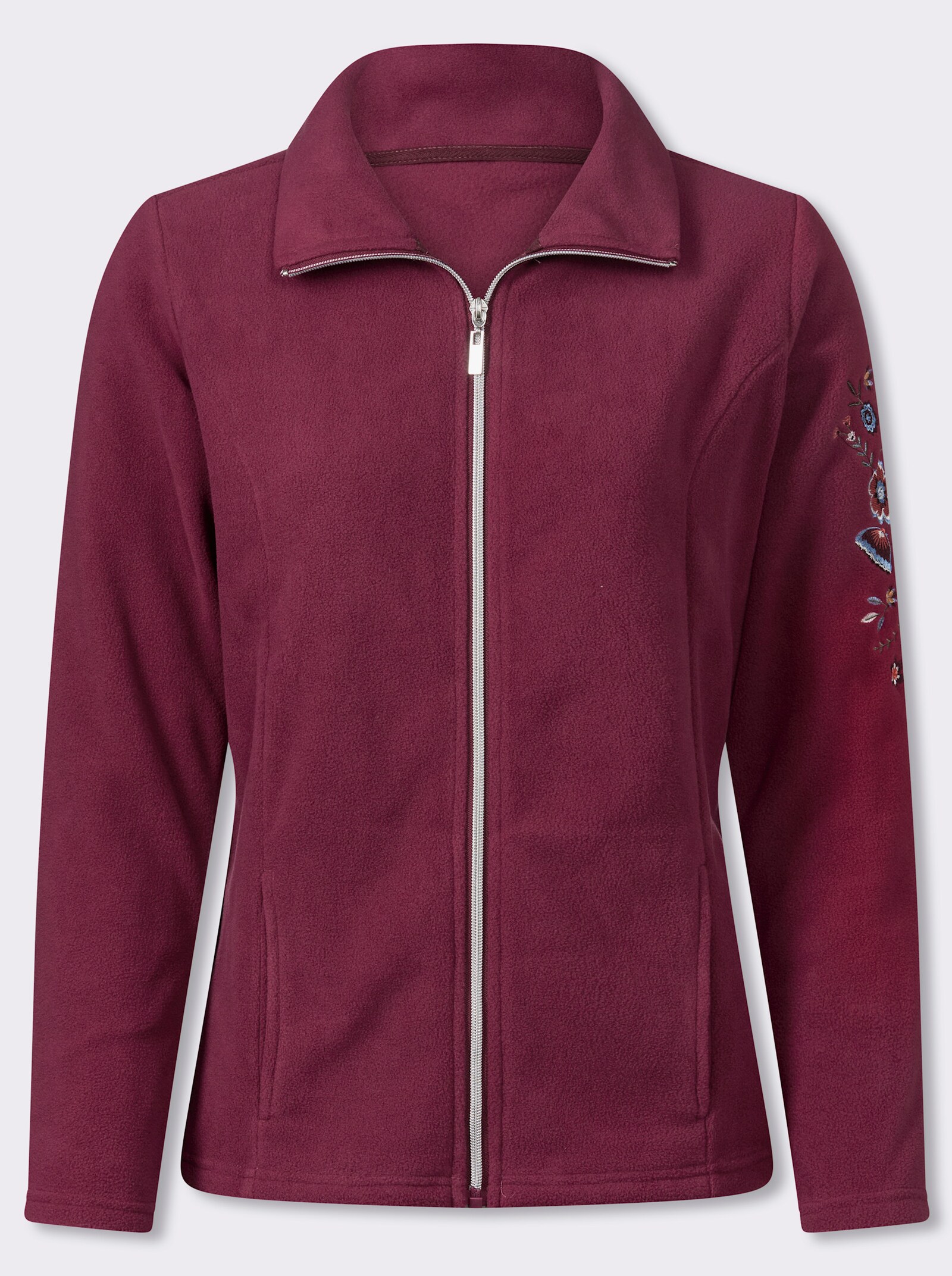 Fleecejacke mit Blütenstickerei - bordeaux
