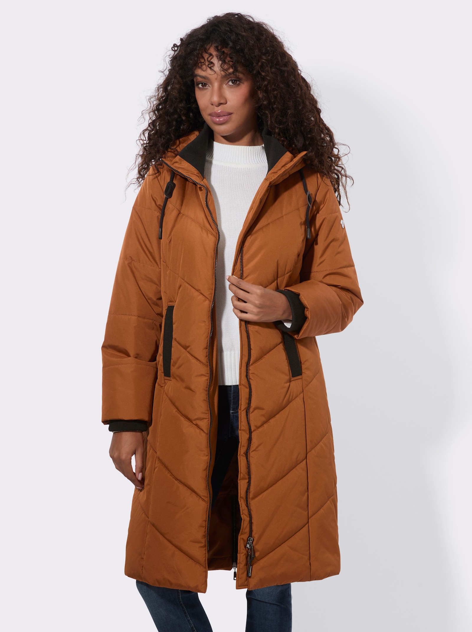 Steppmantel mit Kapuze - cognac