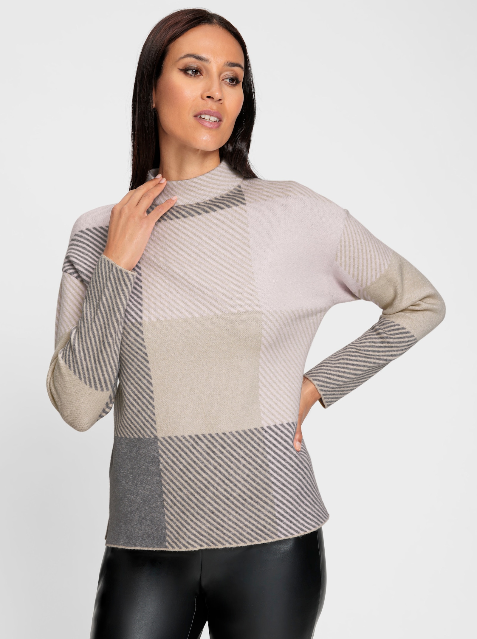 heine Jacquard-Pullover mit Seitenschlitzen - hellrosé-steingrau-gemustert