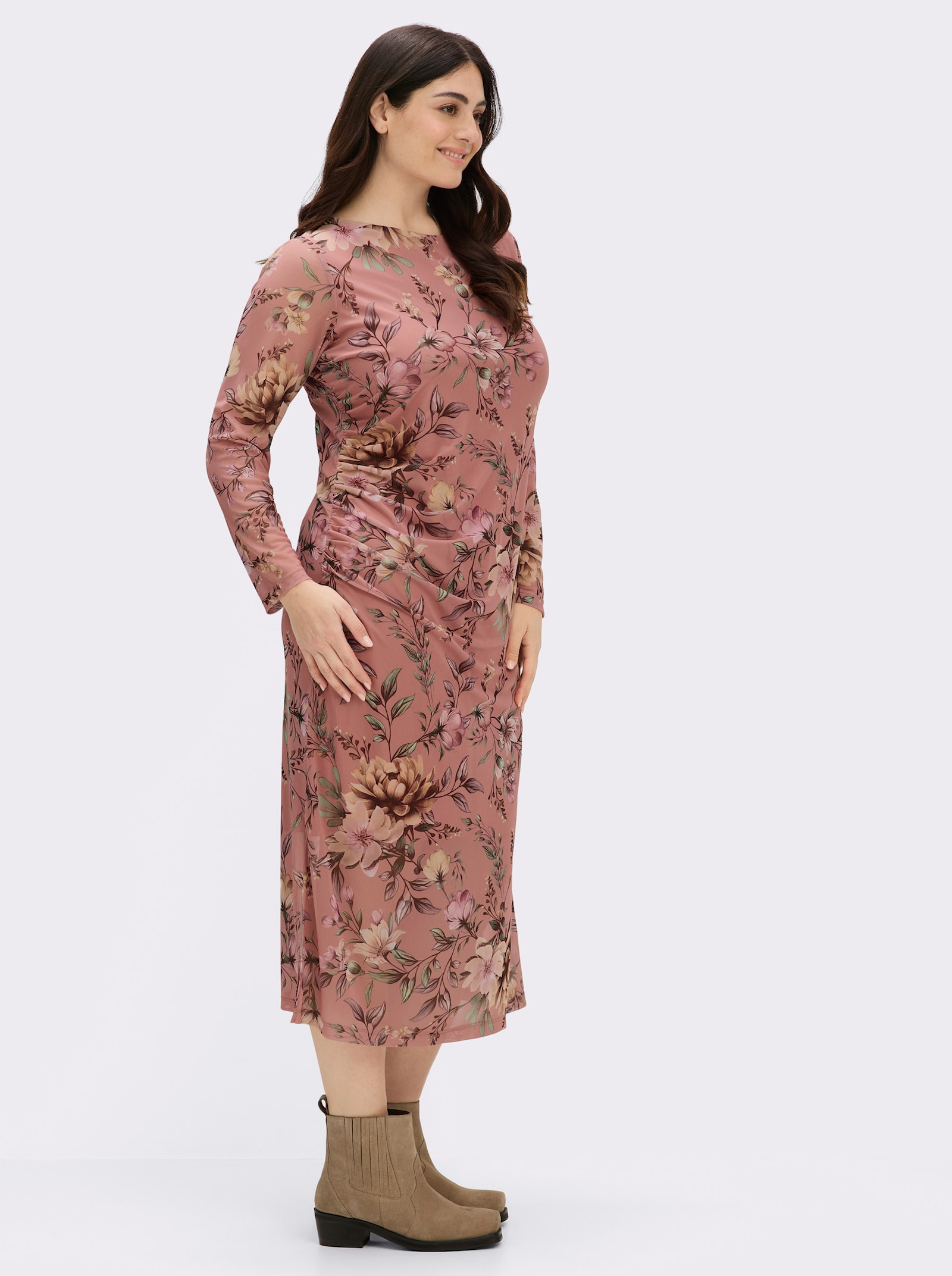 sheego Blumenkleid aus Mesh-Qualität - rosenholz-camel-bedruckt