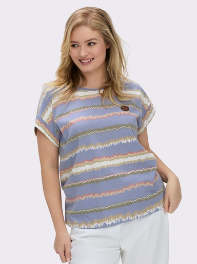 Print-Shirt mit Ziernähten, geringelt - taubenblau-ecru-bedruckt