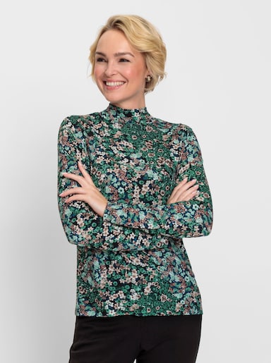 Stehkragenshirt aus Viskose-Stretch - moos-sesam-bedruckt